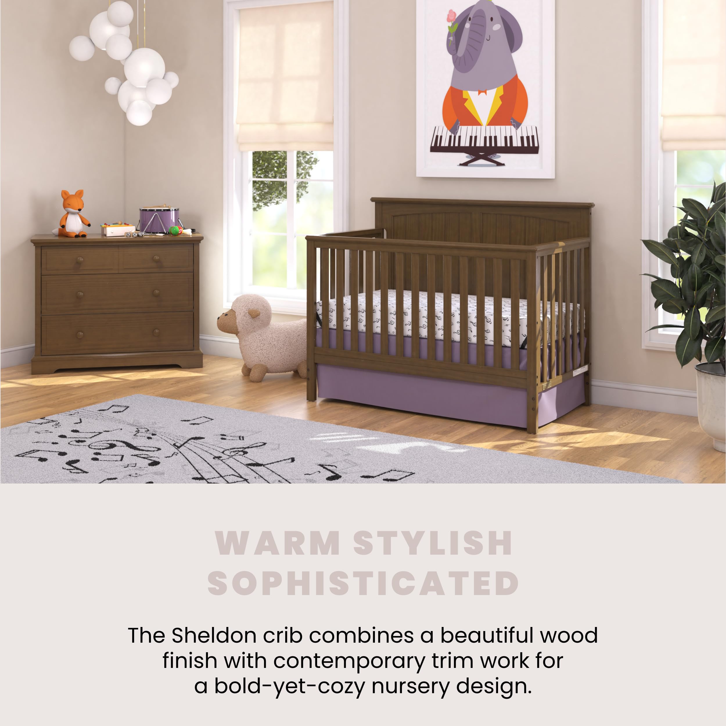 Sheldon 4-in-1 Convertible Baby Crib - Converts to Daybed, Toddler Bed & Full Size Bed | 3 Adjustable Mattress Heights | Non-Toxic & Safe Finish | Cocoa Bean Brown | Perfect for Nursery, Bedroom & Growing Families
