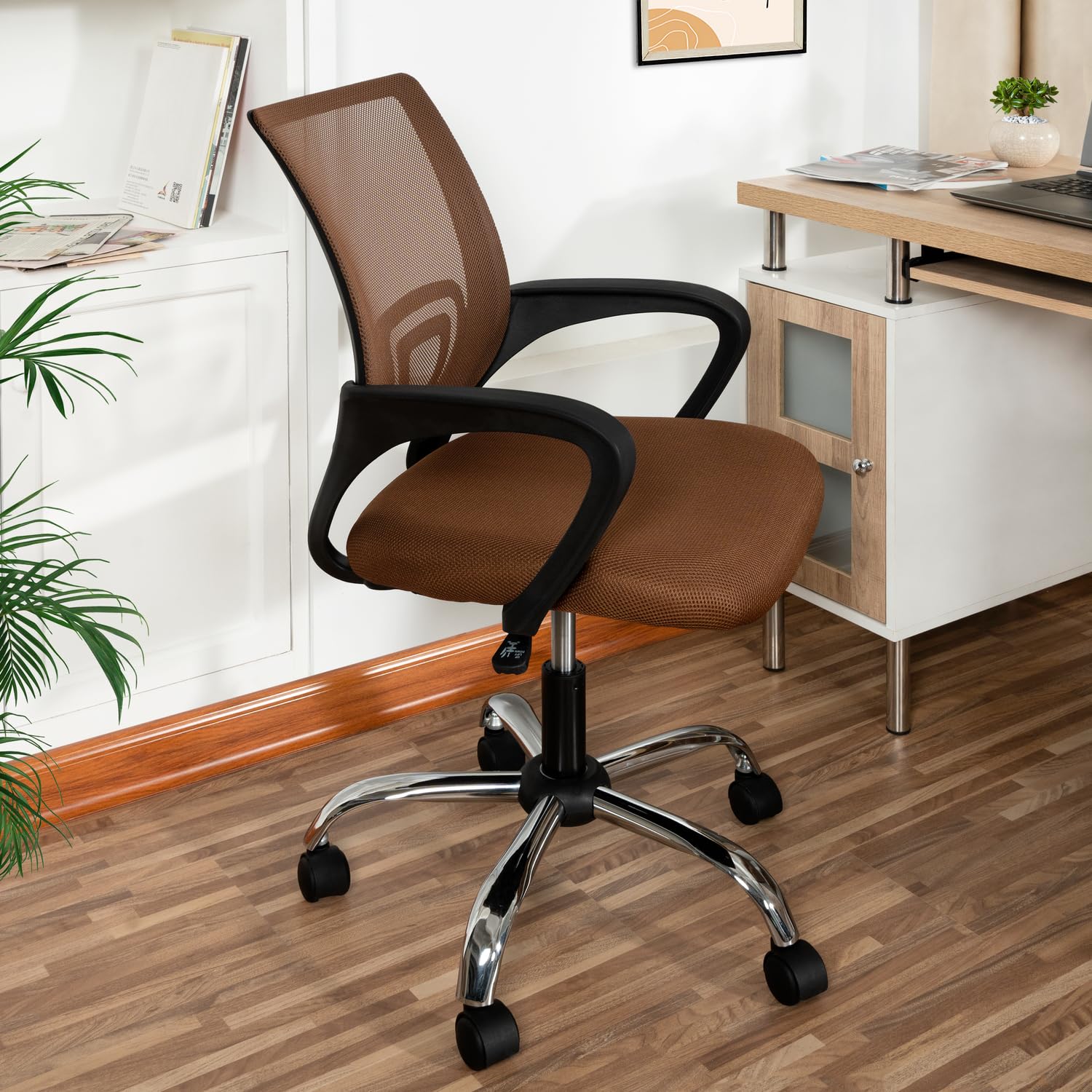 Ergonomic Home Office Desk Chair with Adjustable Lumbar Support - Comfortable Swivel Rolling Computer Chair for Small & Tall Desks, White & Brown Executive Chair - Perfect for Remote Work, Gaming, and Long Hours at Office Desk