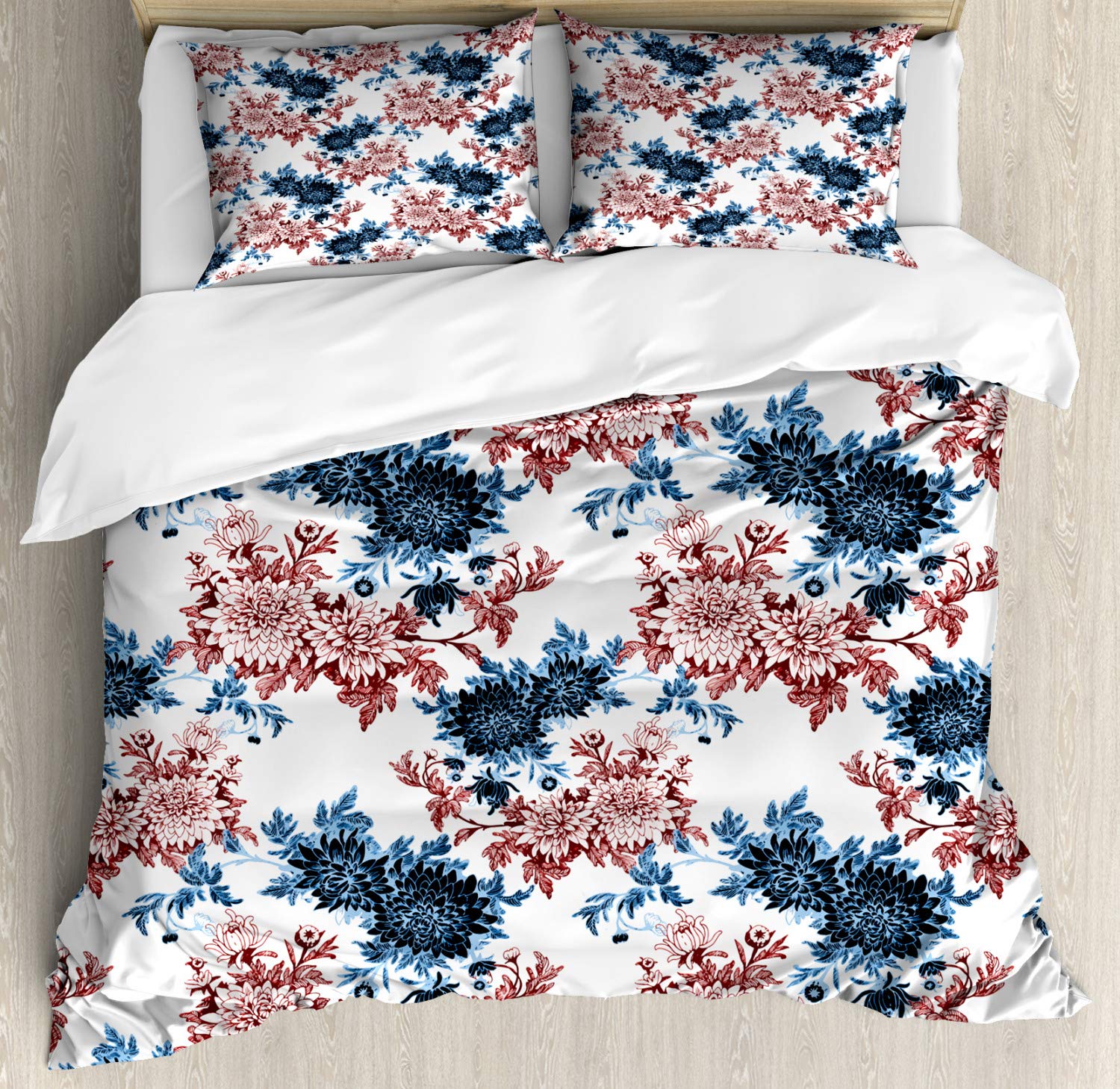 Ambesonne Floral Duvet Cover Set - Vintage Blooming Flowers on Plain Background | 3-Piece King Size Bedding Set with 2 Pillow Shams in Rust & Dark Blue | Perfect for Bohemian Bedroom Decor, Guest Room Makeover & Cozy Farmhouse Style