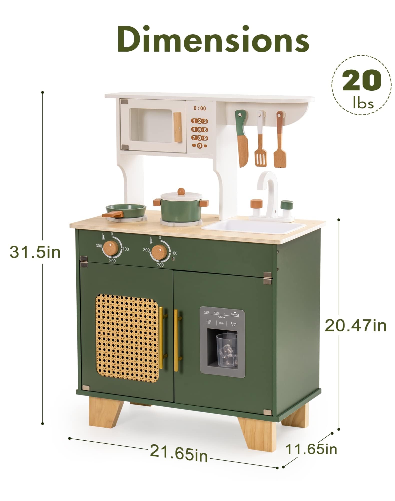 ROBUD Wooden Play Kitchen Set for Kids Ages 3+ | Pretend Ice Cube Dispenser | Vintage Green Toy Kitchen | Birthday Gift for Toddlers & Preschoolers | Pretend Cooking & Role Play Fun