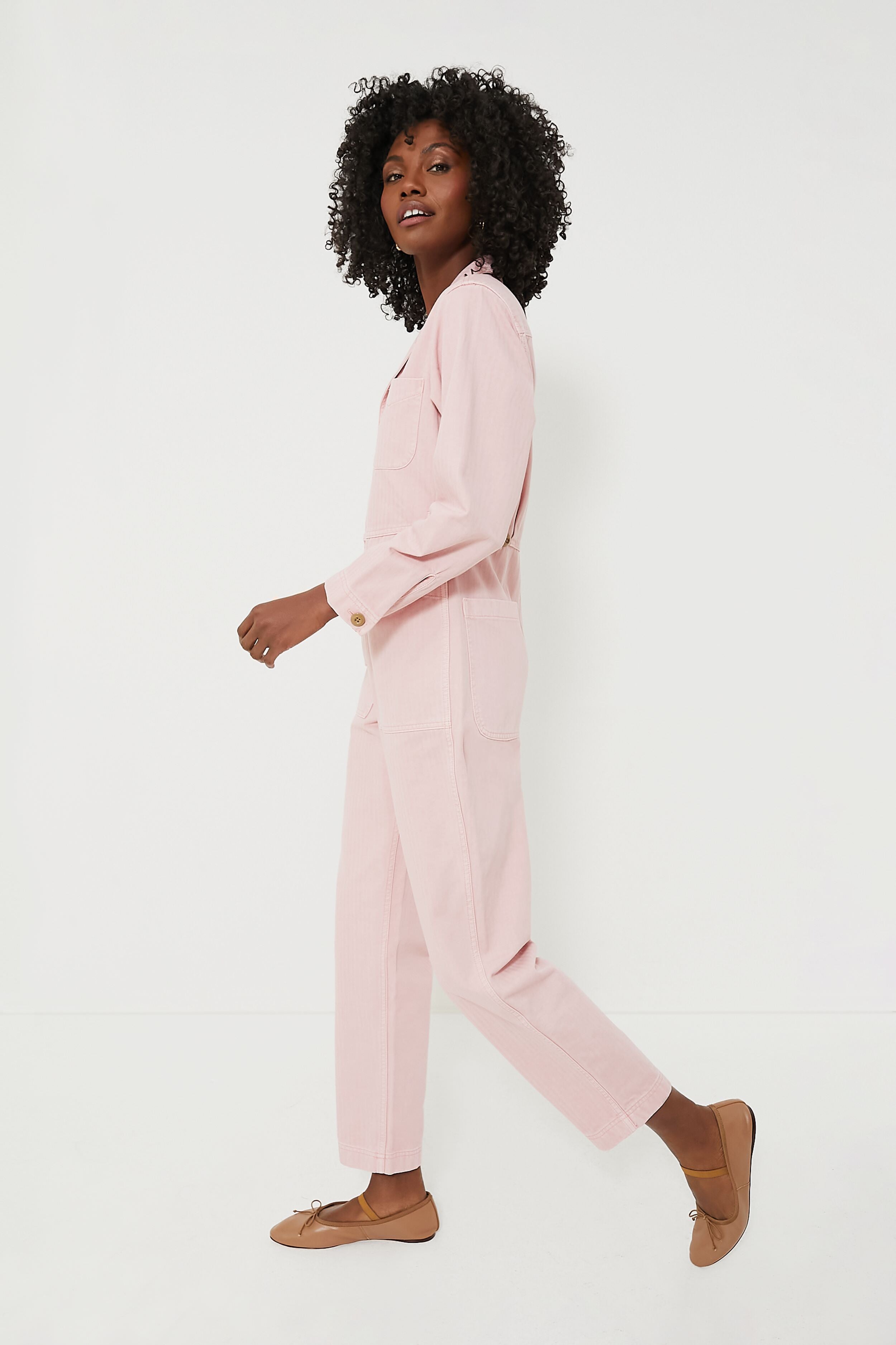 Blush Pink Herringbone Zip-Up Jumpsuit for Women | Casual & Elegant One-Piece Outfit | Perfect for Office, Date Night & Weekend Outings