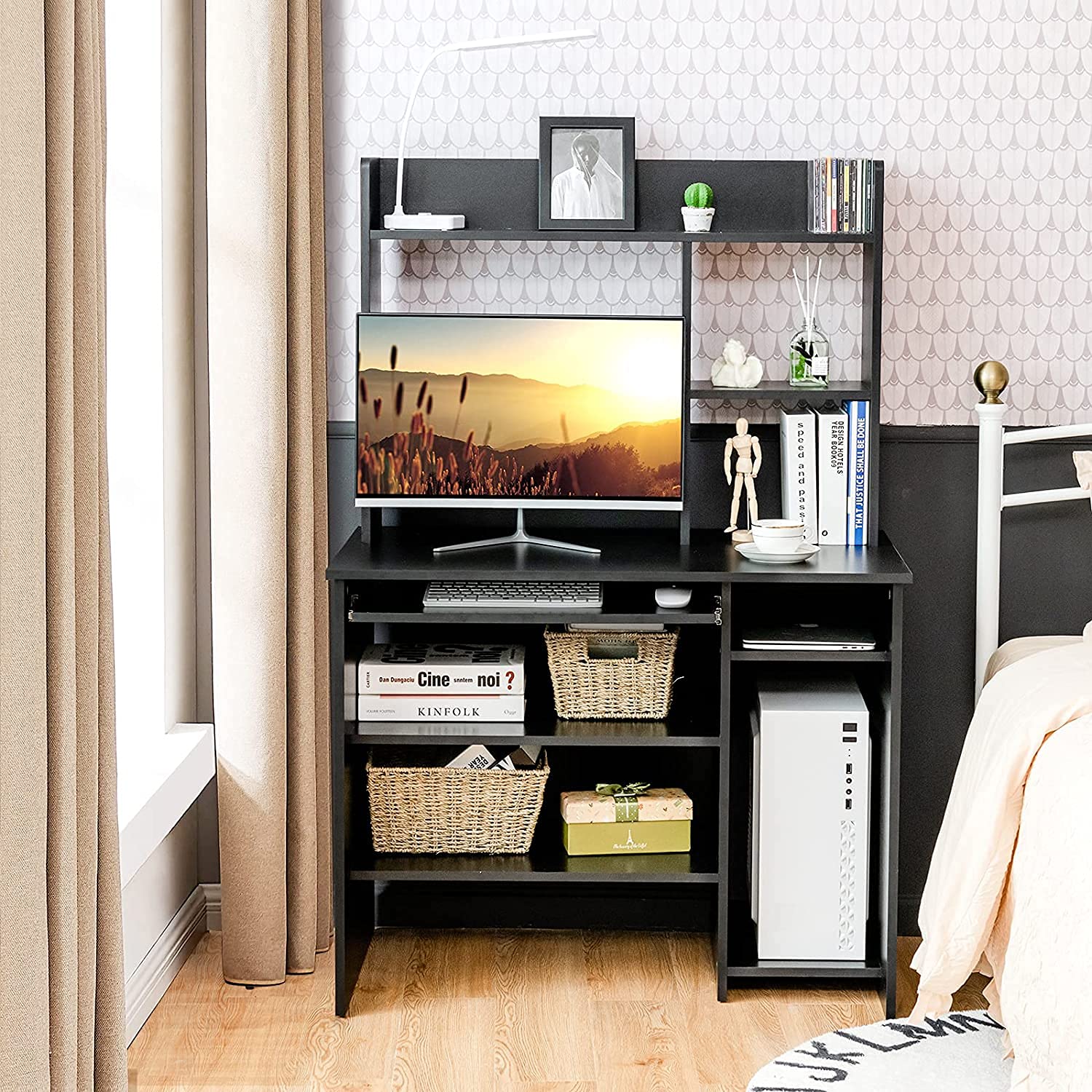 CHEFJOY Modern Computer Desk with Hutch & Bookshelf - Wooden Study Writing Desk with Storage Shelves, Home Office Laptop Table with Keyboard Tray - Space-Saving Design for Small Spaces (Black) | Perfect for Home Office, Study Room & Small Apartments