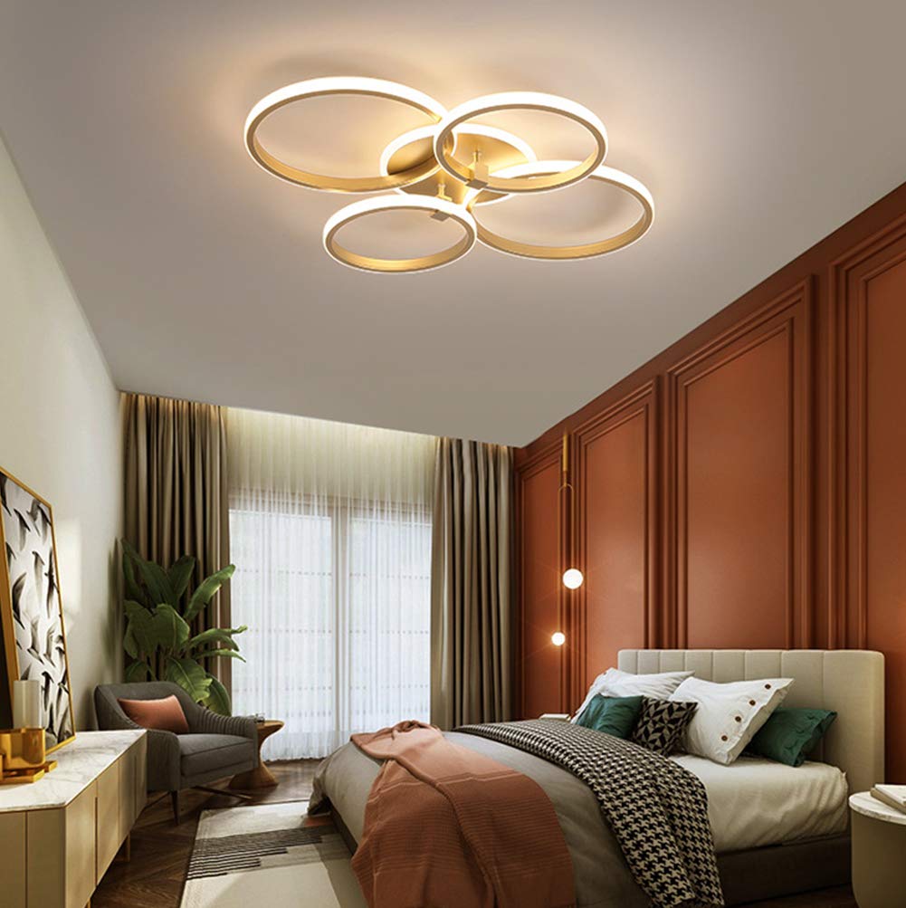 Modern Gold LED Ceiling Light with Remote Control - Dimmable Chandelier for Bedroom, Living Room, Kitchen Island | Flush Mount Acrylic Ring Design Lighting for Bathroom, Office & Dining Room | Energy-Efficient Ambient Lighting for Home Decor
