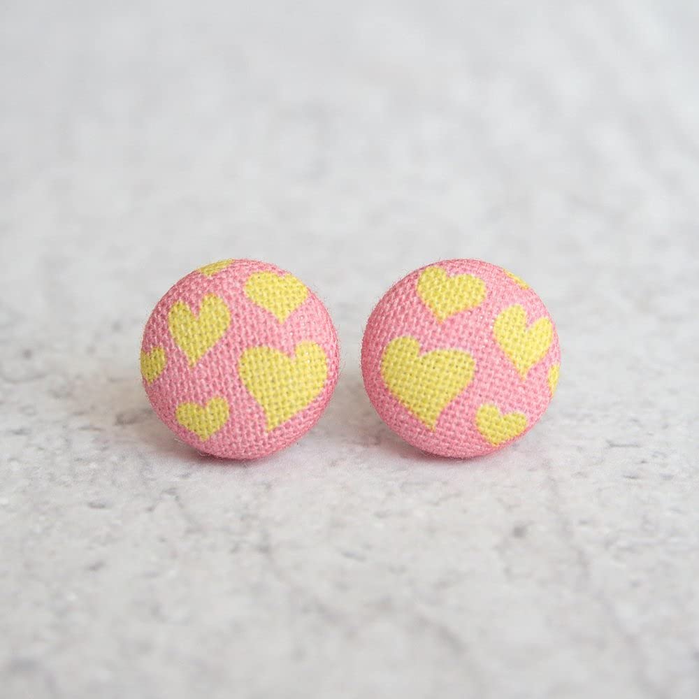 Pink Hearts Fabric Button Earrings for Women - Cute Handmade Floral Earrings for Valentine's Day, Mother's Day Gift, Party & Everyday Wear