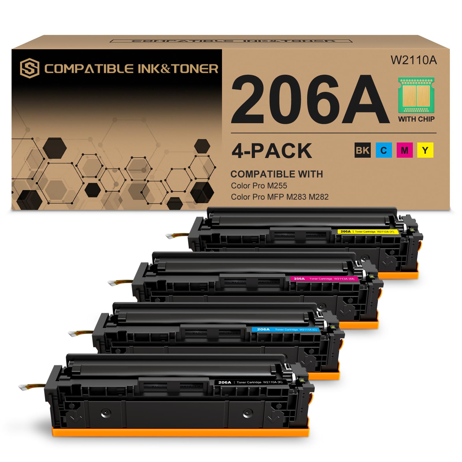 206A Toner Cartridges 4-Pack (with Chip) - Compatible with HP Color Pro MFP M283fdw/M283cdw, Pro M255dw/M255nw, MFP M282nw/M283/M282/M255 Printers | Replacement for W2110A/W2111A/W2112A/W2113A/206X/W2110X - High-Yield Printing for Office & Home Use