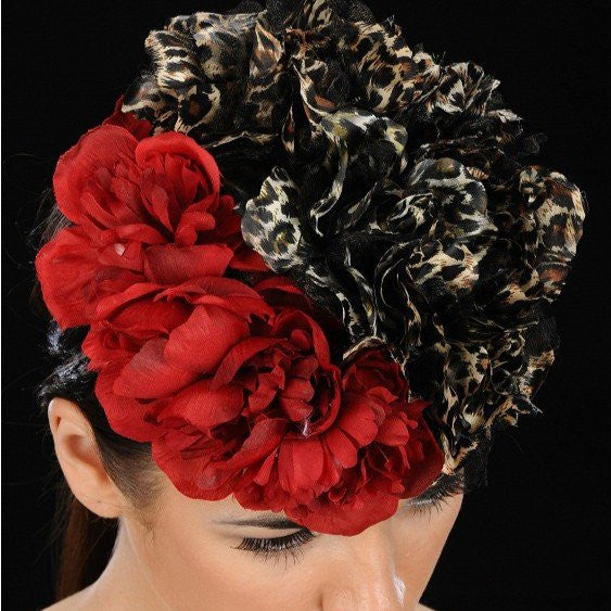 Elegant NA1021 Animal Print & Red Floral Cocktail Hat for Women - Perfect for Parties, Weddings & Special Occasions