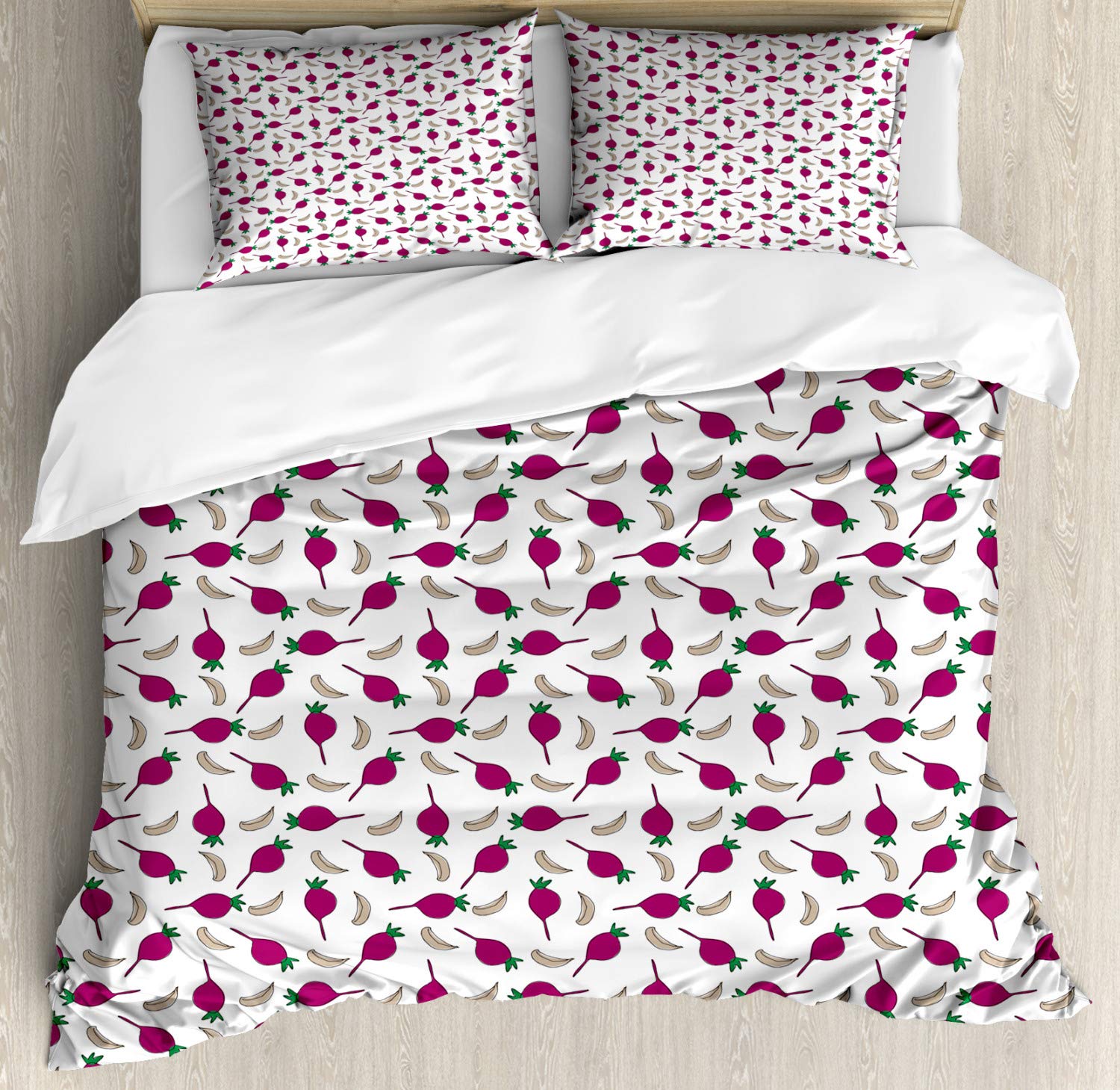 Ambesonne Vegetables Duvet Cover Set - Cartoon Garlic & Beet Pattern 3-Piece Bedding Set with 2 Pillow Shams, California King Size, White & Dark Magenta - Perfect for Kids Rooms, Farmhouse Decor & Vegetable Lovers