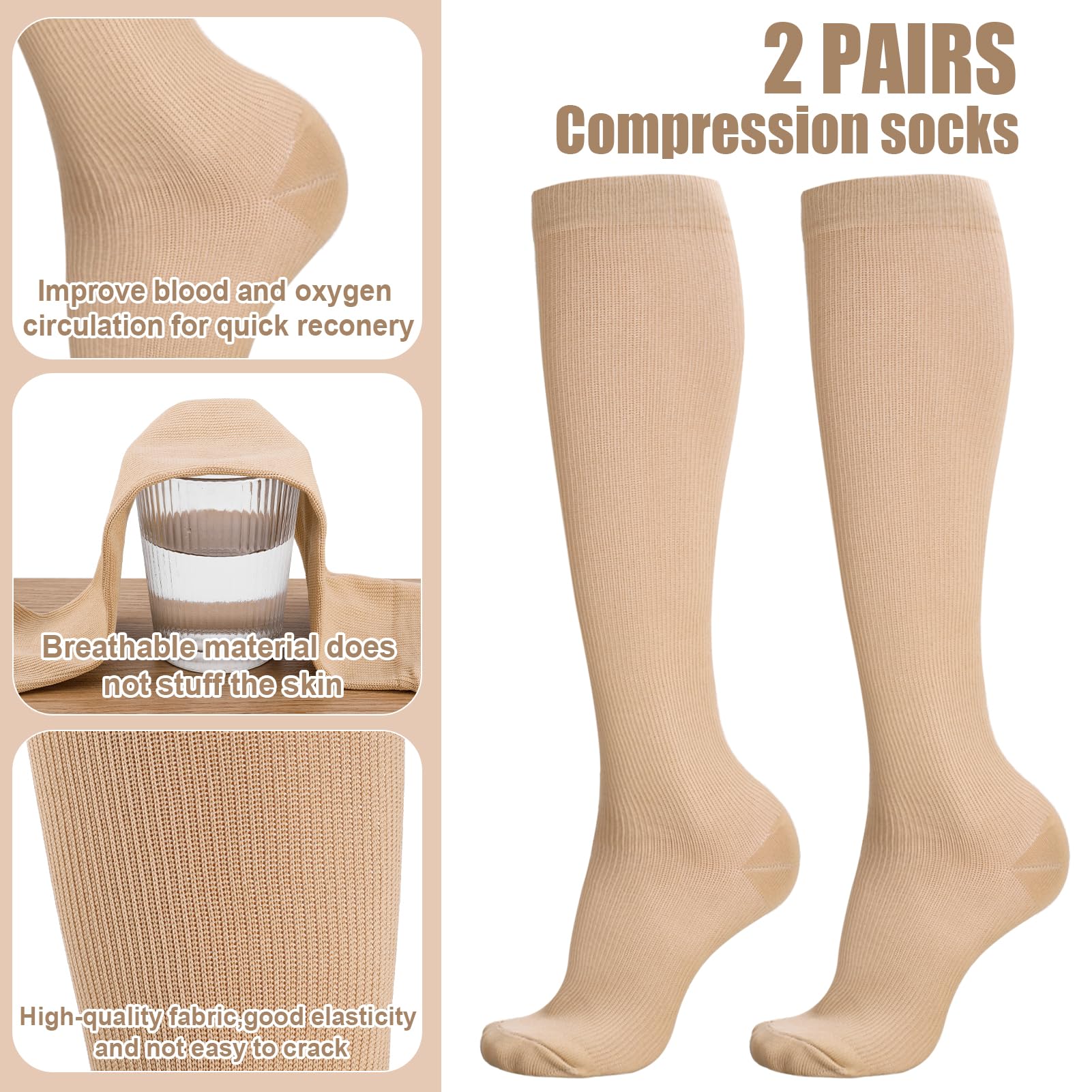 Firtink 2 Pairs 20-30 mmHg Compression Socks for Women & Men - Knee High Support for Varicose Veins, Nursing, Pregnancy, Sports & Travel - Ideal for Running, Hiking, Flying & Long Work Shifts