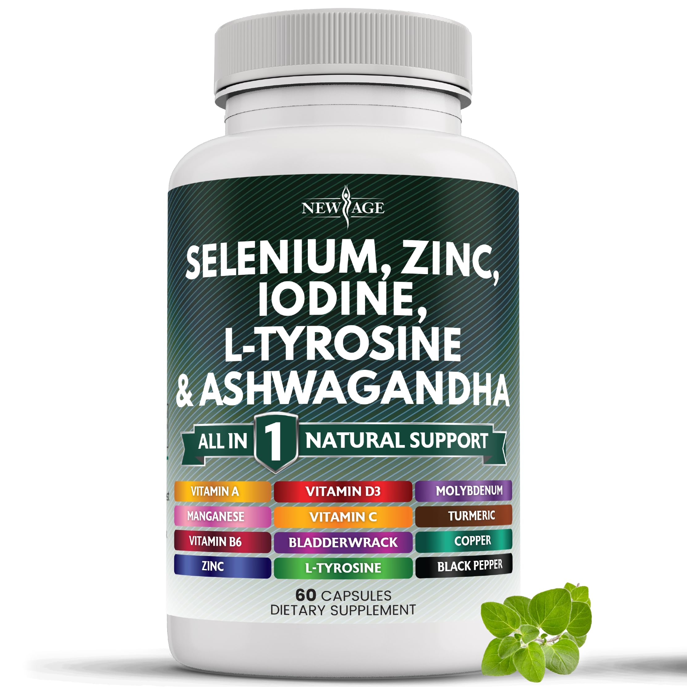 Thyroid Support Supplement with Selenium, Zinc, Iodine, L-Tyrosine & Ashwagandha - Bladderwrack, Turmeric, Silica Kelp & Schisandra for Men & Women - 60 Capsules - Boost Energy & Metabolism for Active Lifestyles