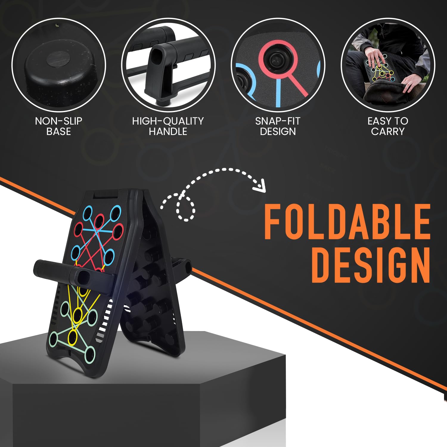 MG Multi-Function Foldable Push Up Board with Handles - Home Gym Equipment for Strength Training (Includes 5 Resistance Bands & Jump Rope) - Perfect for Full-Body Workouts at Home, Office or Travel
