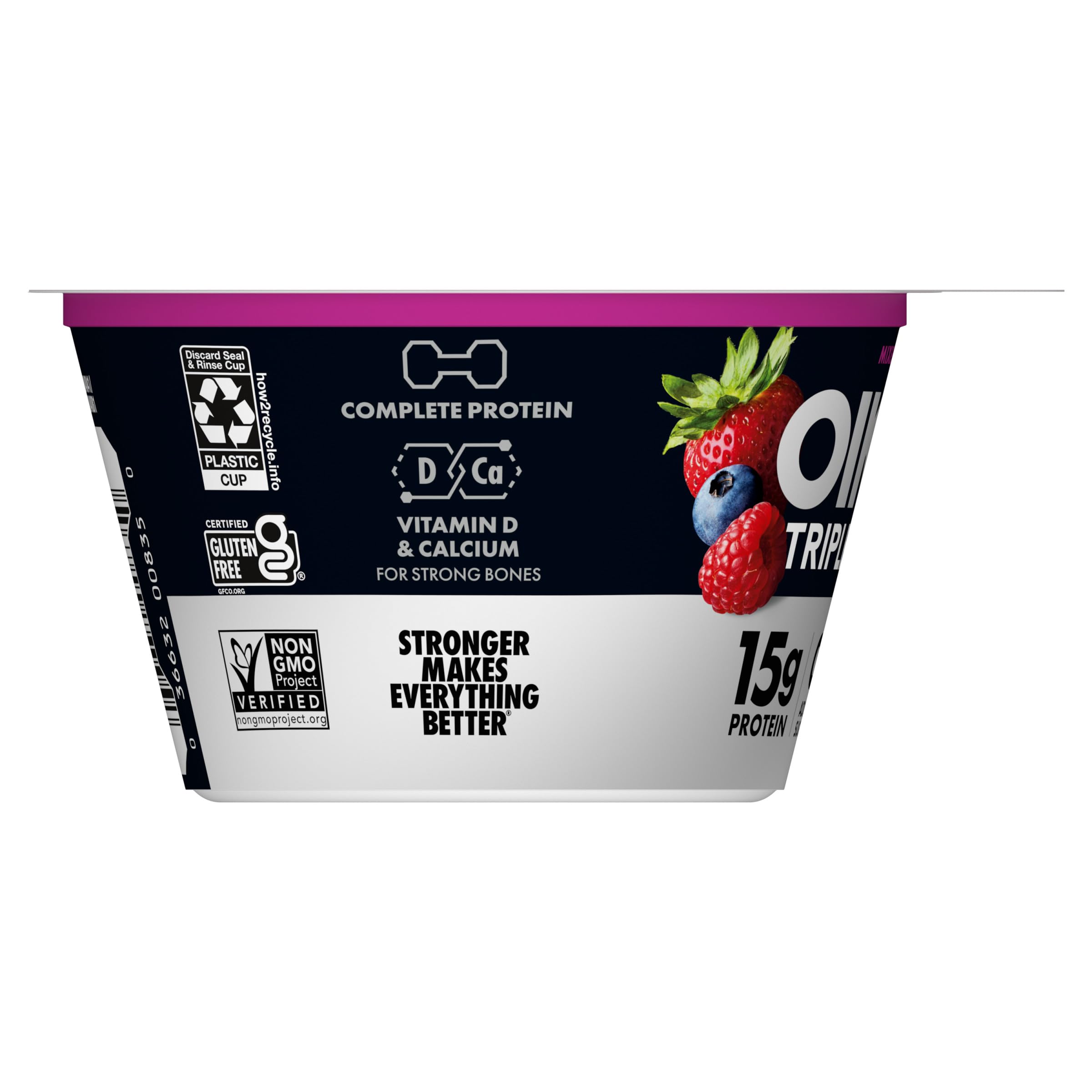 Oikos Triple Zero Mixed Berry Nonfat Greek Yogurt - 0% Fat, 0g Added Sugar, No Artificial Sweeteners | High Protein Yogurt Snack (5.3 oz Cup) | Perfect for Breakfast, Post-Workout & Healthy Snacking