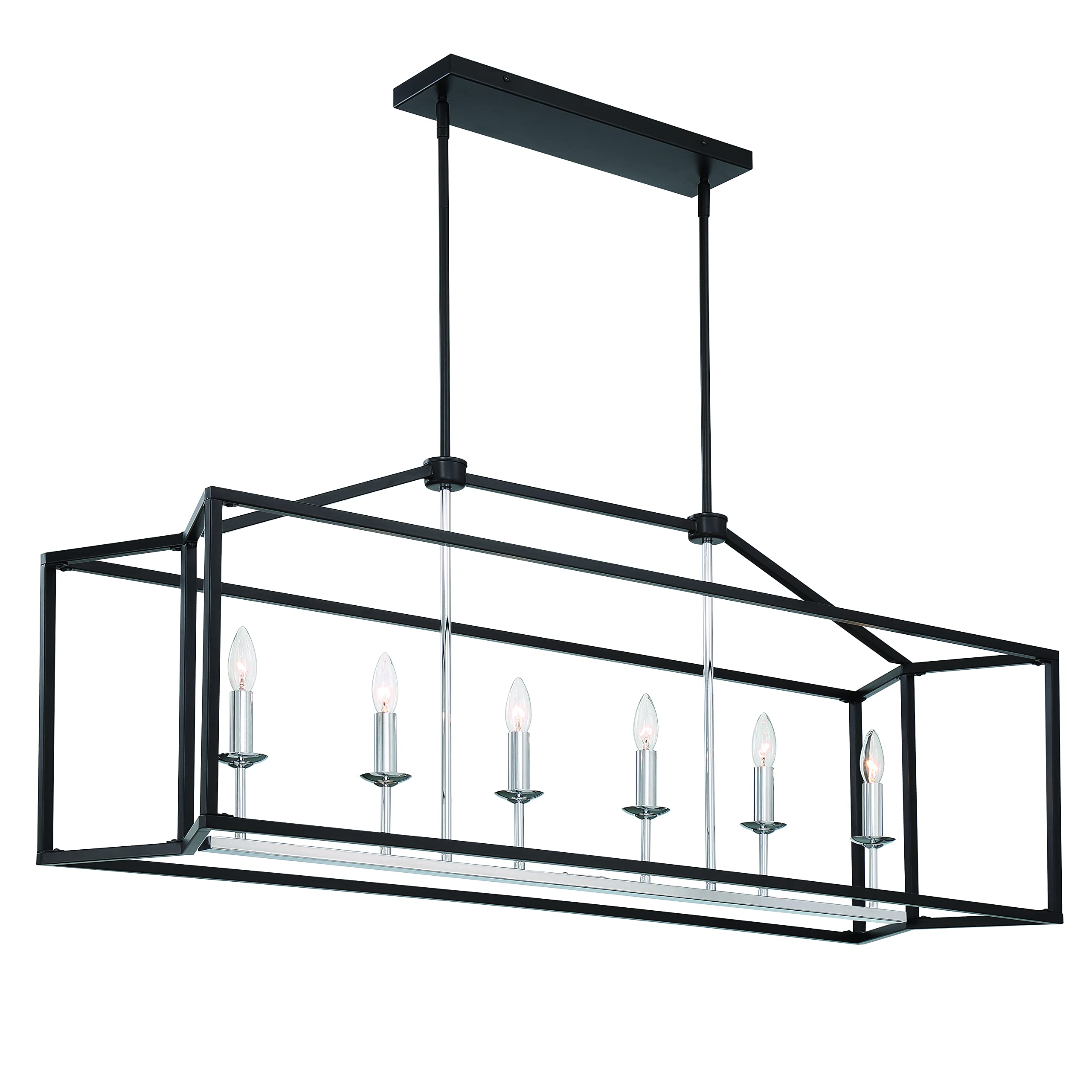 Vanity Art 6-Light Modern Farmhouse Linear Pendant Chandelier - Classic Black & Chrome Kitchen Island Lighting for Dining Table, Living Room | Durable Hanging Light Fixture for Home & Restaurant Decor