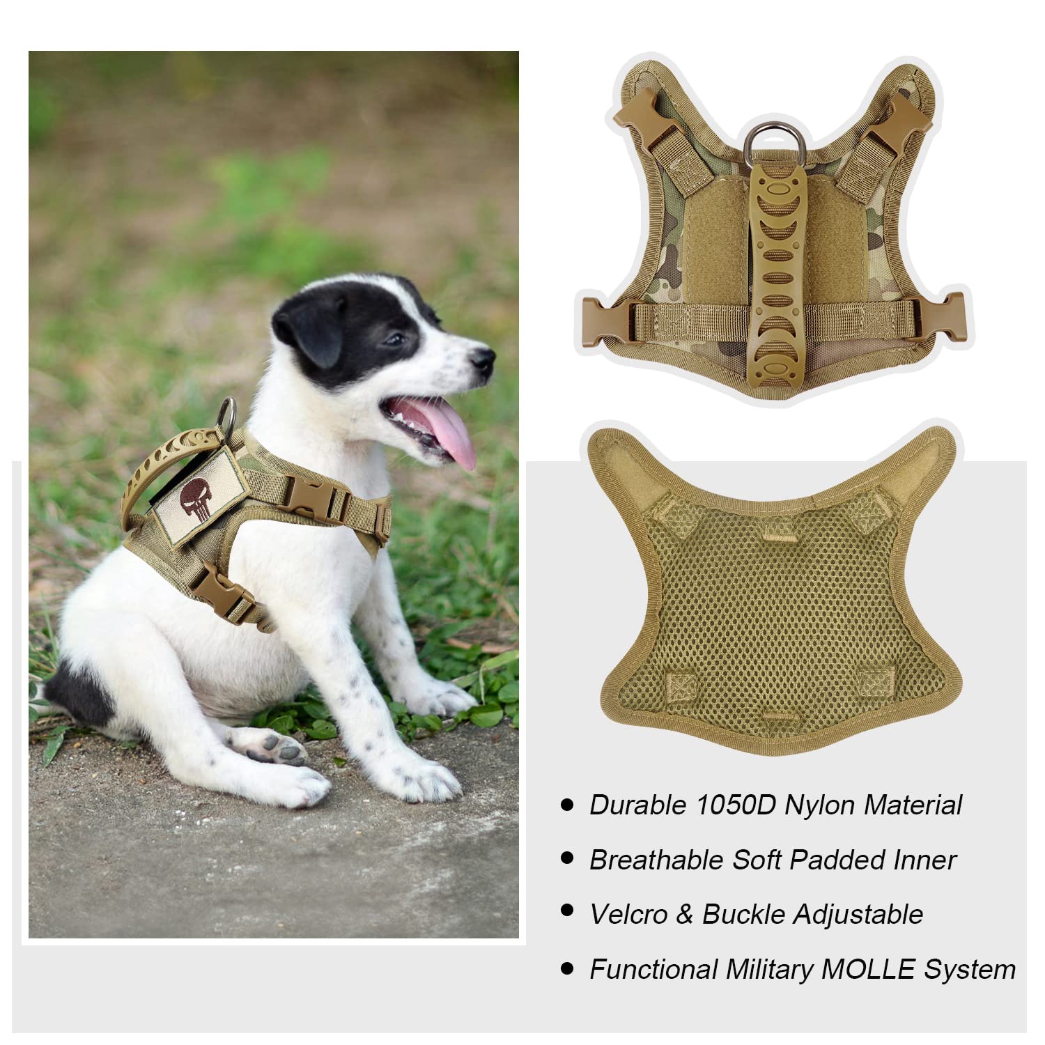 Tactical Dog Harness - Adjustable Military MOLLE Vest with Rubber Handle for Outdoor Training & Working - X-Small Beige (Pack of 1) - Perfect for Hiking, Police K9, Search & Rescue Missions