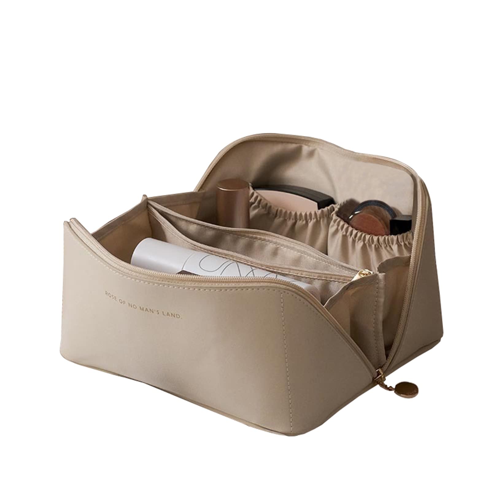Amposei Large Capacity Travel Cosmetic Bag - Double Layer Leather Makeup Organizer for Women | Waterproof Toiletry Bag with Separate Compartments | Perfect for Vacation, Business Trips & Gym Essentials (White, Single Layer)