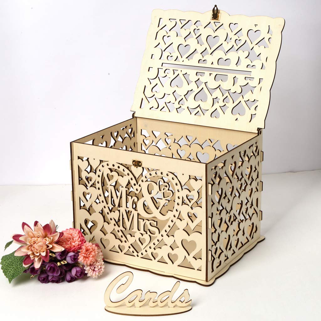 ELEOPTION Rustic Wooden Wedding Card Box with Lock - DIY Hollow Card Holder for Money & Gift Cards - Perfect for Wedding Reception, Anniversary, Baby Shower, Graduation & Birthday Party Decor
