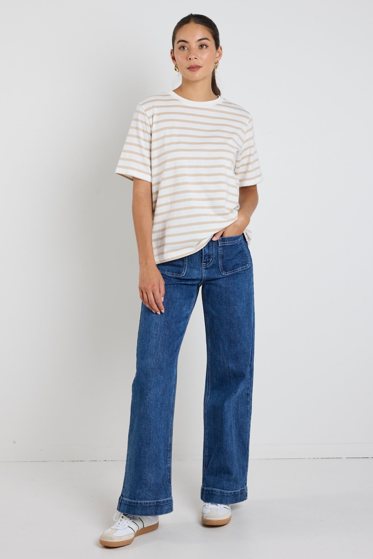 Natural Stripe Boxy Fit Tee - Women's Casual Loose Fit White T-Shirt for Everyday Wear & Street Style Outfits