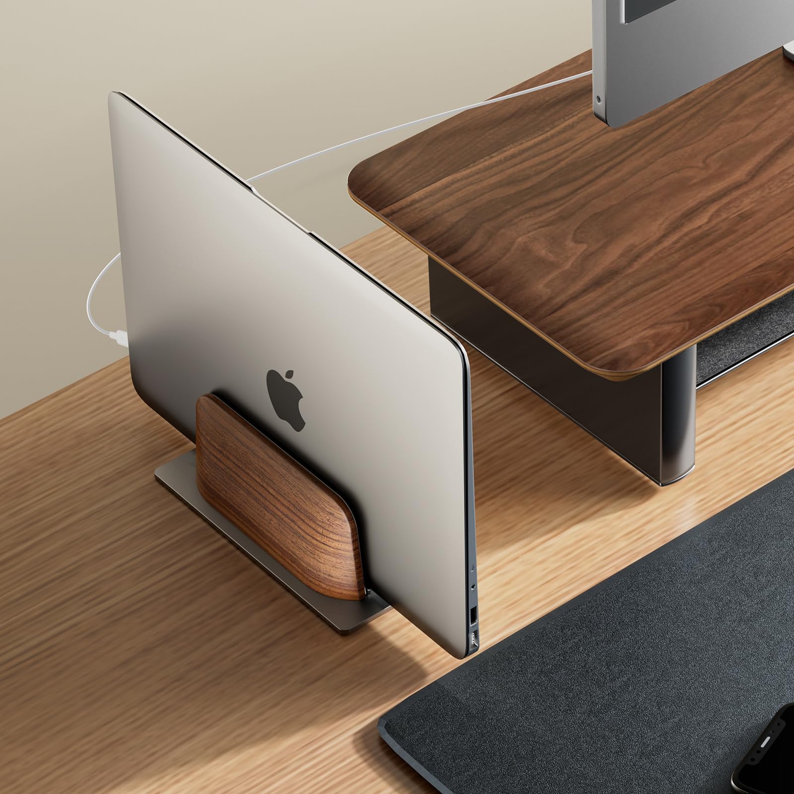 Premium Vertical Laptop Stand for Desk - Black Walnut Wood Laptop Holder Dock for MacBook Pro/Air & All 13-17