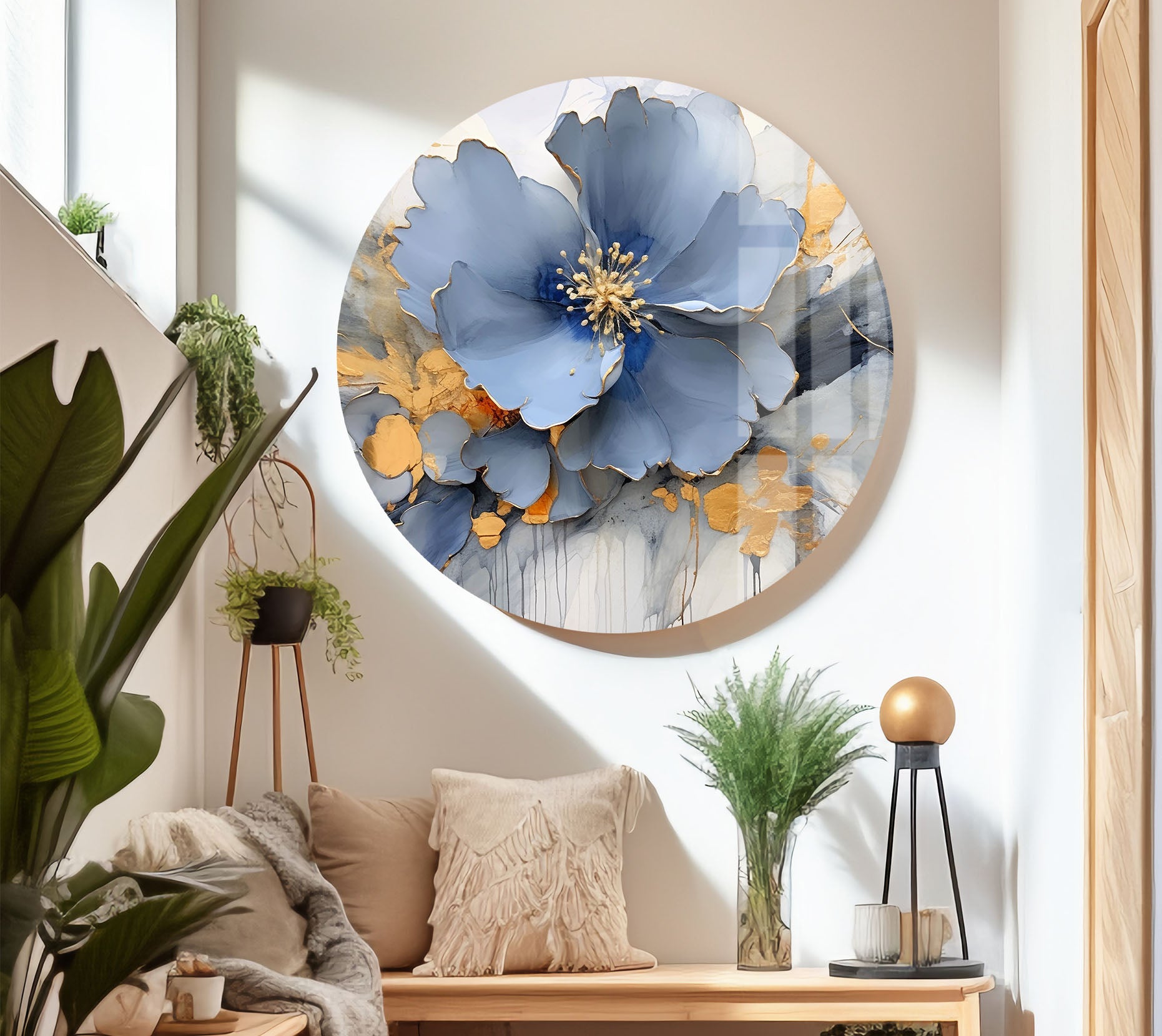 Blue Gold Blossom Wall Art - Elegant Floral Glass Print for Home Décor | Modern Botanical Painting for Living Room, Bedroom & Office | Perfect Housewarming Gift