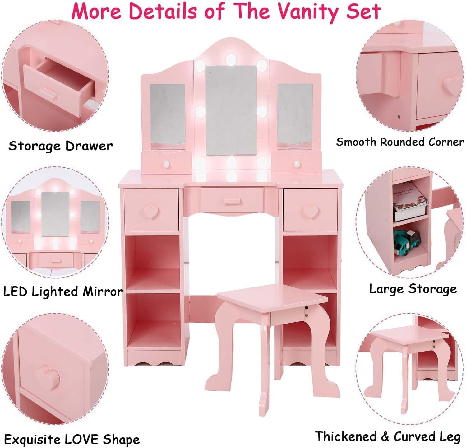 Kids Vanity Table with Tri-Folding Mirror, LED Lights, Stool & Drawer - 2-in-1 Wooden Princess Makeup Dressing Desk for Toddlers & Girls | Pretend Play, Birthday Gift & Bedroom Decor