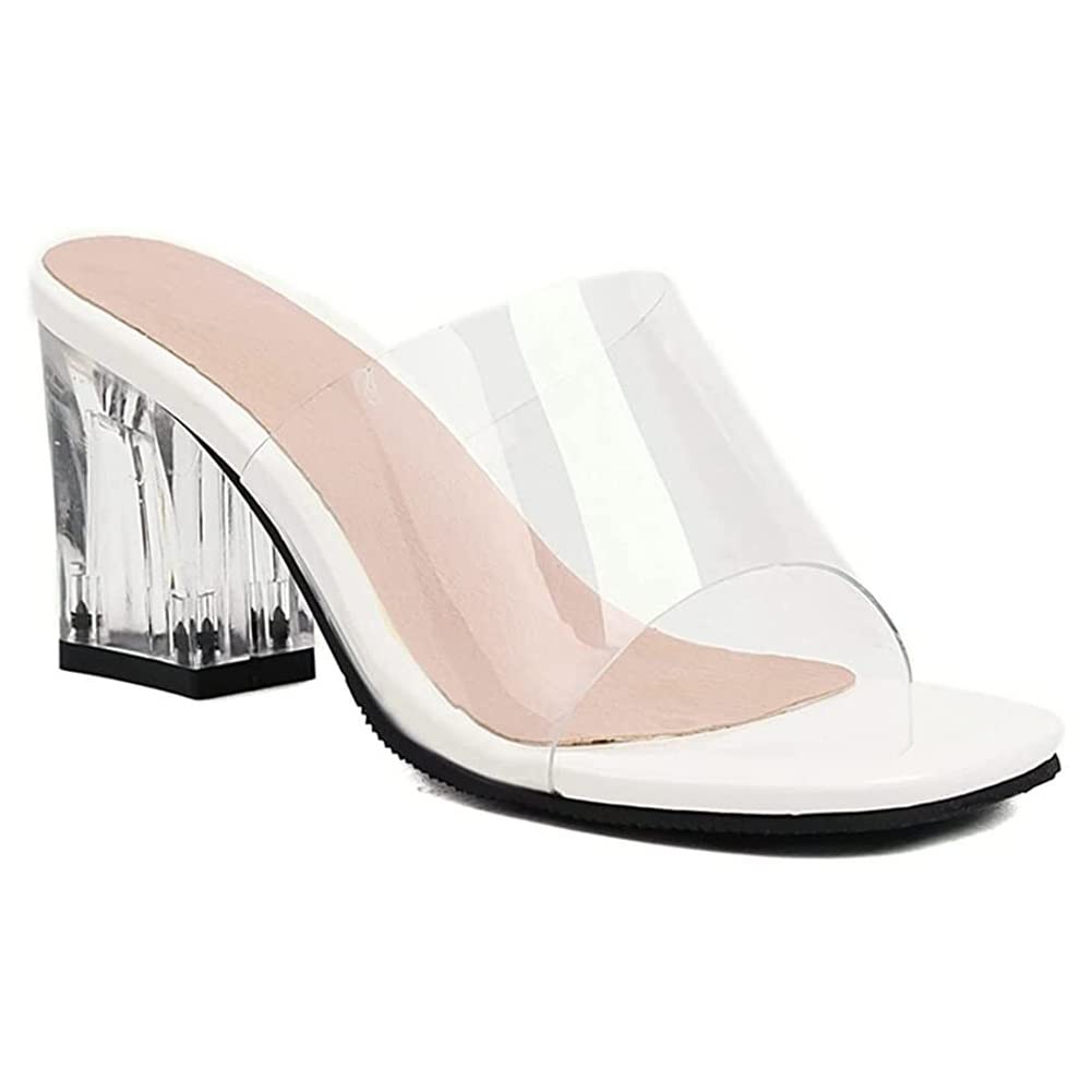 YDKJWL Women's Clear Jelly Sandals - Open Toe Square Toe High Heel Slip On Dress Shoes with Chunky Heel for Summer Beach Wedding Party (White, Size 8 US)