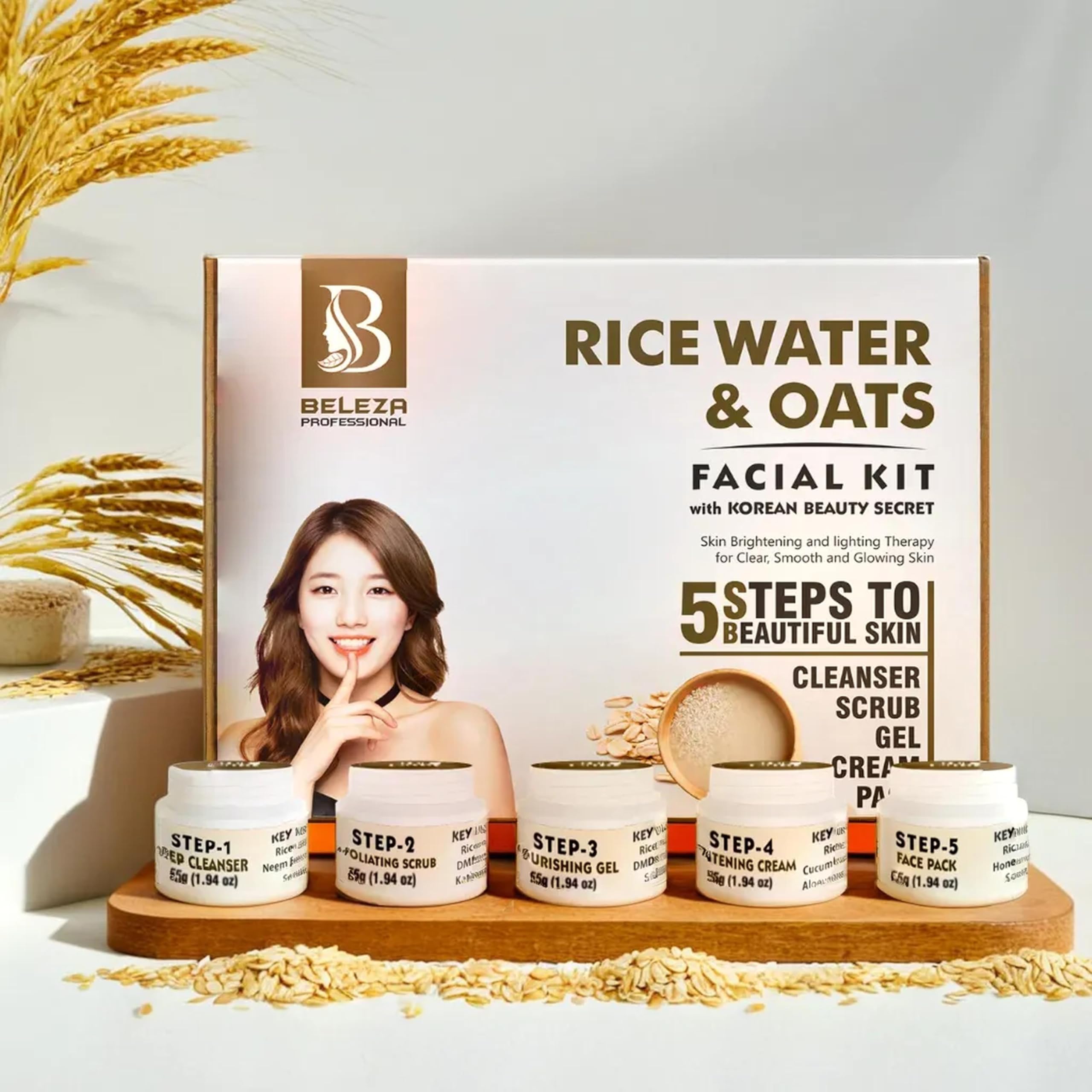 Beleza Professional Rice Water & Oats Facial Kit with Korean Beauty Secrets (275g) - Hydrating & Brightening Skincare for Glowing Complexion | Perfect for Daily Cleansing & Nighttime Routine