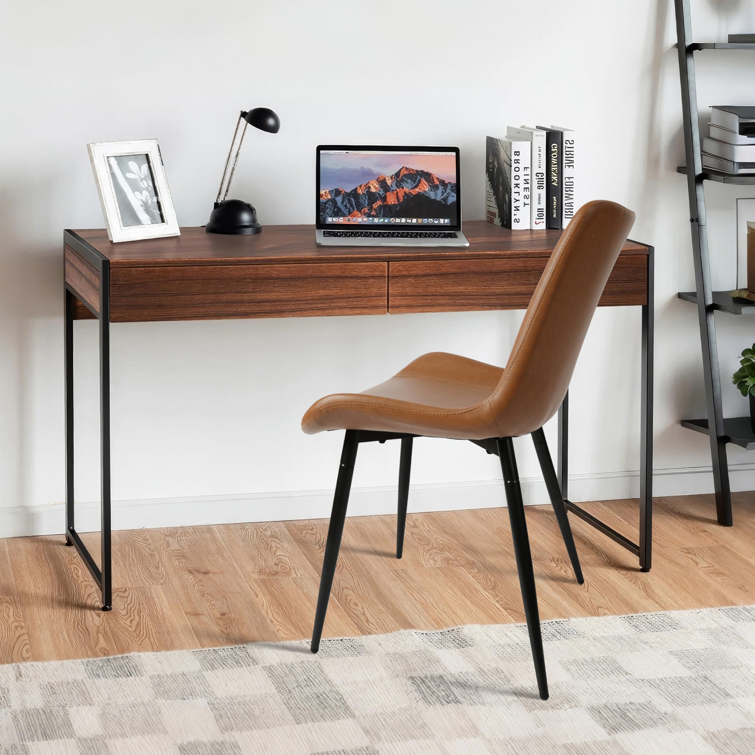 Premium Brown Faux Leather Dining Chairs Set of 2 - Armless Upholstered Accent Chairs with Comfortable Back Support & Sturdy Black Metal Legs for Living Room, Restaurant, Meeting Room - Perfect for Home Dining, Office Waiting Area & Conference Spaces