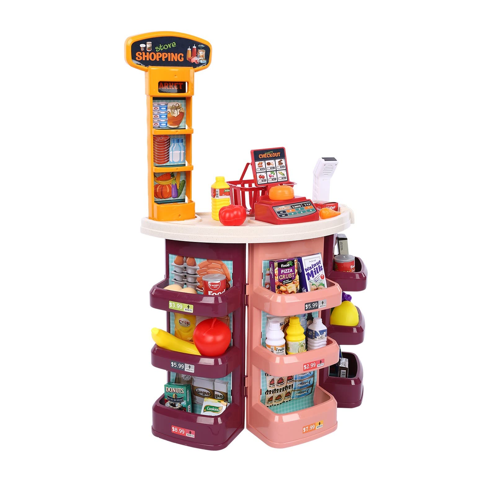 ETHY Kids Grocery Store Playset - Supermarket Shopping Toy with Light & Music | Complete Pretend Play Set for Boys & Girls Ages 3-7 | Plastic Purple Grocery Stand for Role Play & Early Learning | Perfect for Birthday Gifts & Classroom Activities