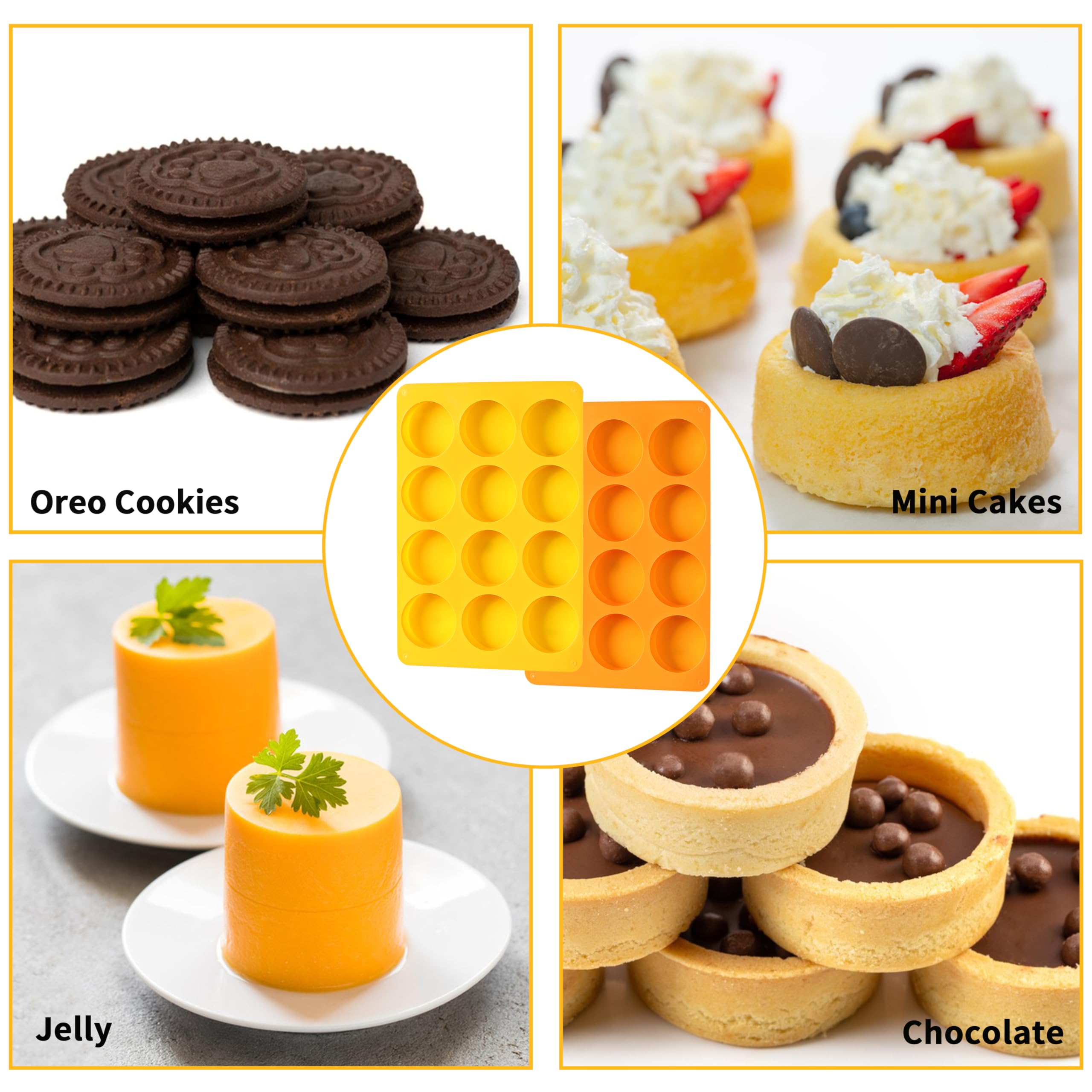 2-Pack Oreo Chocolate Cookie Silicone Molds - 12-Cavity Round Baking Molds for Cookies, Candies, Mini Cakes & Jelly (Orange + Yellow) - Perfect for DIY Desserts, Party Treats & Holiday Baking