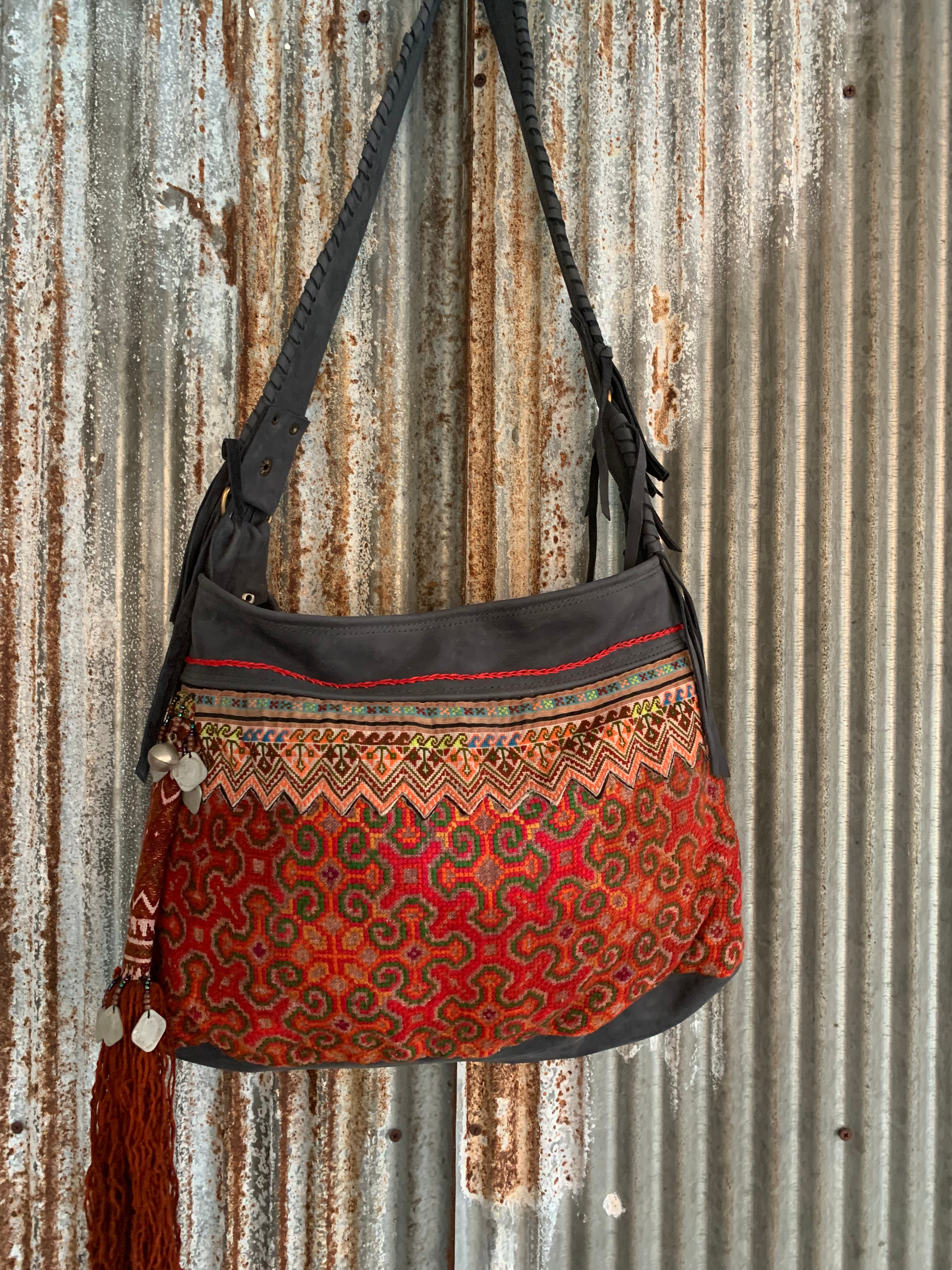 Handmade Chiang Mai Tribal Embroidery Leather Patchwork Crossbody Bag - Boho Chic Purse for Women, Festival & Travel Accessory