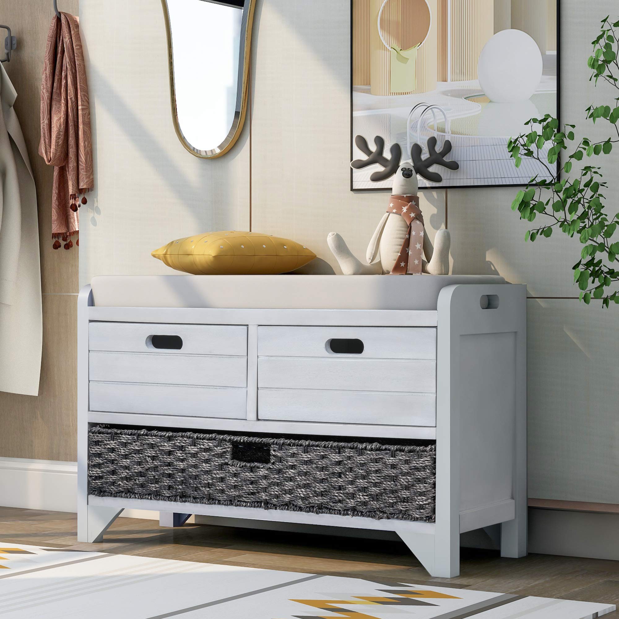 Wooden Storage Bench with 2 Drawers & Wicker Basket - Fully Assembled Entryway Bench with Removable Cushion - Hallway Shoe Bench for Living Room, Bedroom & Entryway Organization (Light Grey)