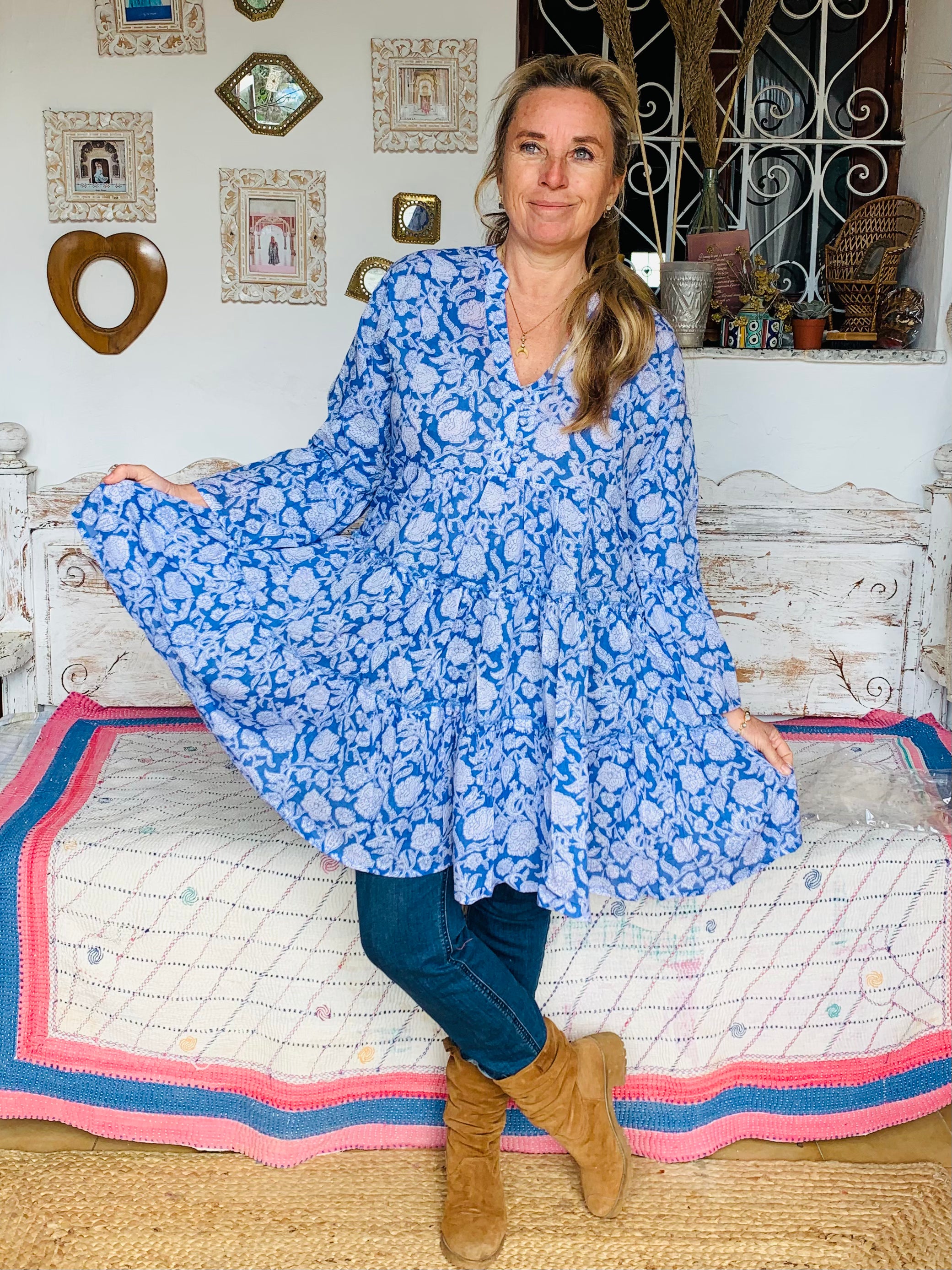 Blue Floral Geo Print Short Dress - Stylish Summer Casual Outfit for Beach, Picnic & Date Night