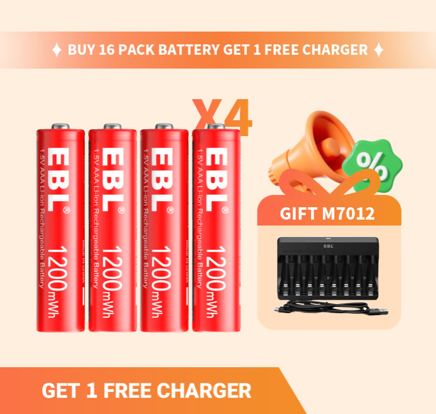 EBL 16 Pack 1.5V AAA Lithium Ion Rechargeable Batteries - Long Lasting Power for Cameras, Toys, Flashlights & More