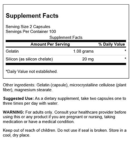 Swanson Gelatin & Silicon Collagen Protein Supplement for Healthy Hair & Nails - 20mg Silicon + 1.08g Gelatin per Serving - Supports Strong Nails & Thick Hair Growth - 200 Capsules - Perfect for Daily Beauty & Wellness Routine