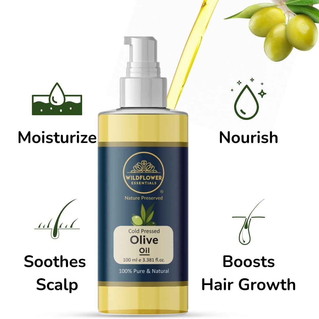 100% Pure Cold Pressed Extra Virgin Olive Oil for Face, Hair & Skin Care | Natural Carrier Oil for Baby Massage & Beard Care | 100ml Wildflower Essentials | Perfect for Daily Moisturizing & Aromatherapy