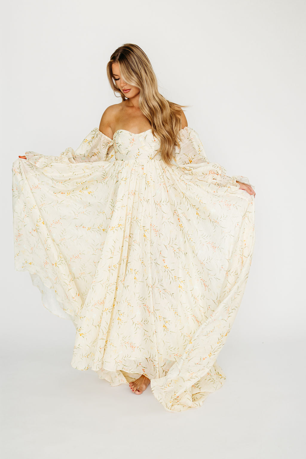 Delilah Cream Floral Maternity Dress with Train - Bump Friendly Wedding Guest Dress for Baby Showers & Special Occasions
