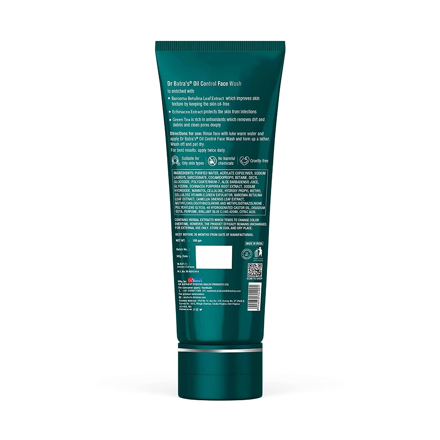 Dr Batra's Oil Control Face Wash - Sulphate, Silicone & Soap Free with Barosma Betulina & Echinacea Extract for Oily & Clear Skin (100g) - Perfect for Daily Skincare Routine & Acne-Prone Skin