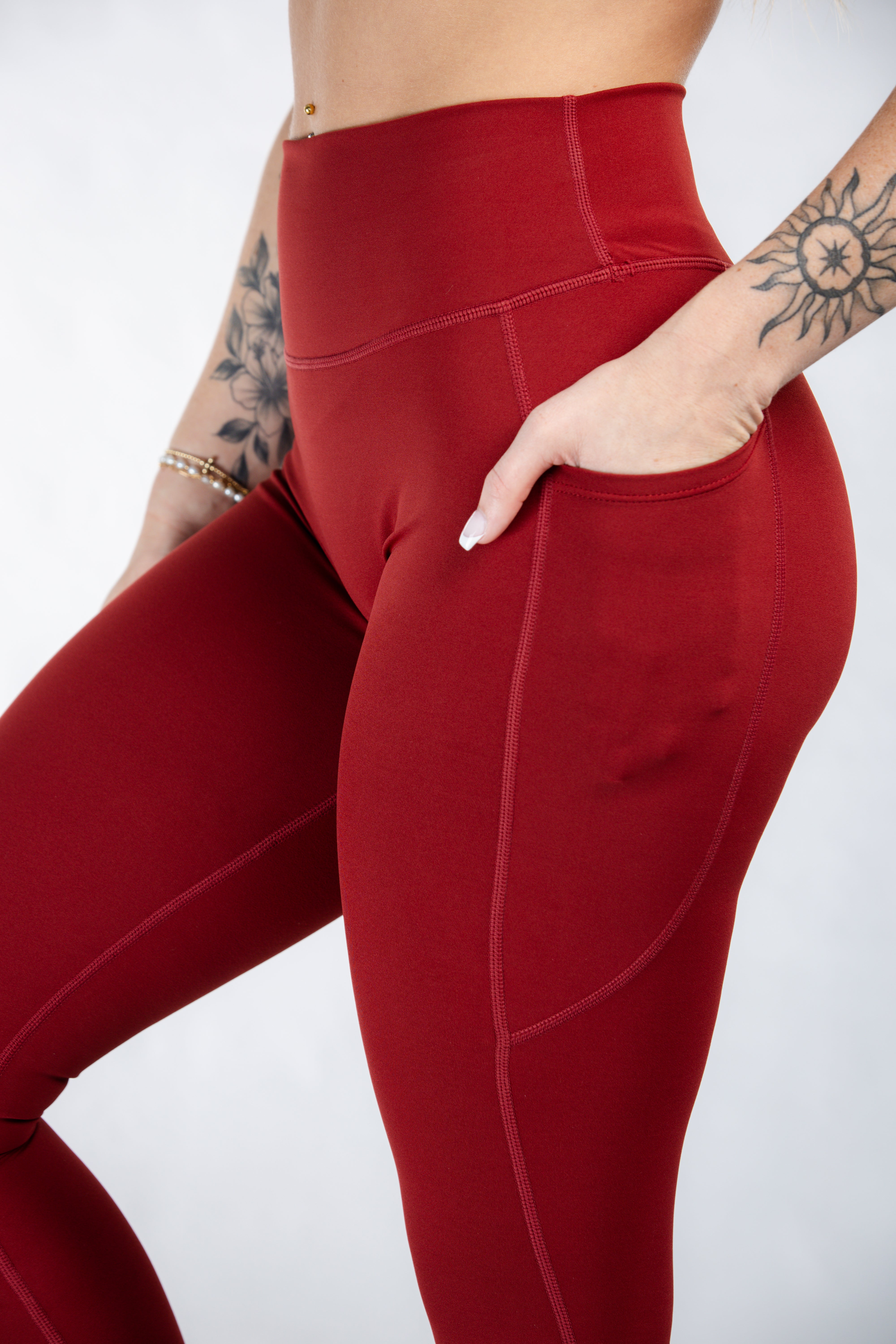 Empowered High-Waisted Yoga Pants with Pockets - Merlot Wine Color | Perfect for Workouts, Running & Everyday Comfort