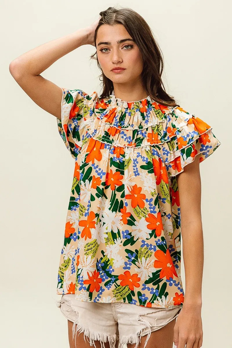 BiBi Women's Floral Print Woven Blouse - Casual Short Sleeve Summer Tops for Beach, Vacation & Everyday Wear