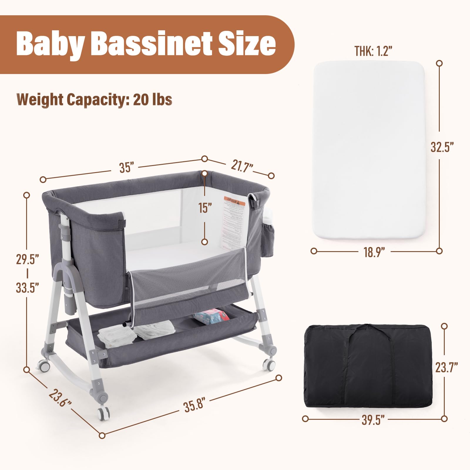 Jaoul 4-in-1 Adjustable Baby Bassinet & Bedside Sleeper - Portable Folding Crib with Comfort Mattress, Mosquito Net & Storage - Gray | Perfect for Newborns, Nursery, Co-Sleeping & Travel