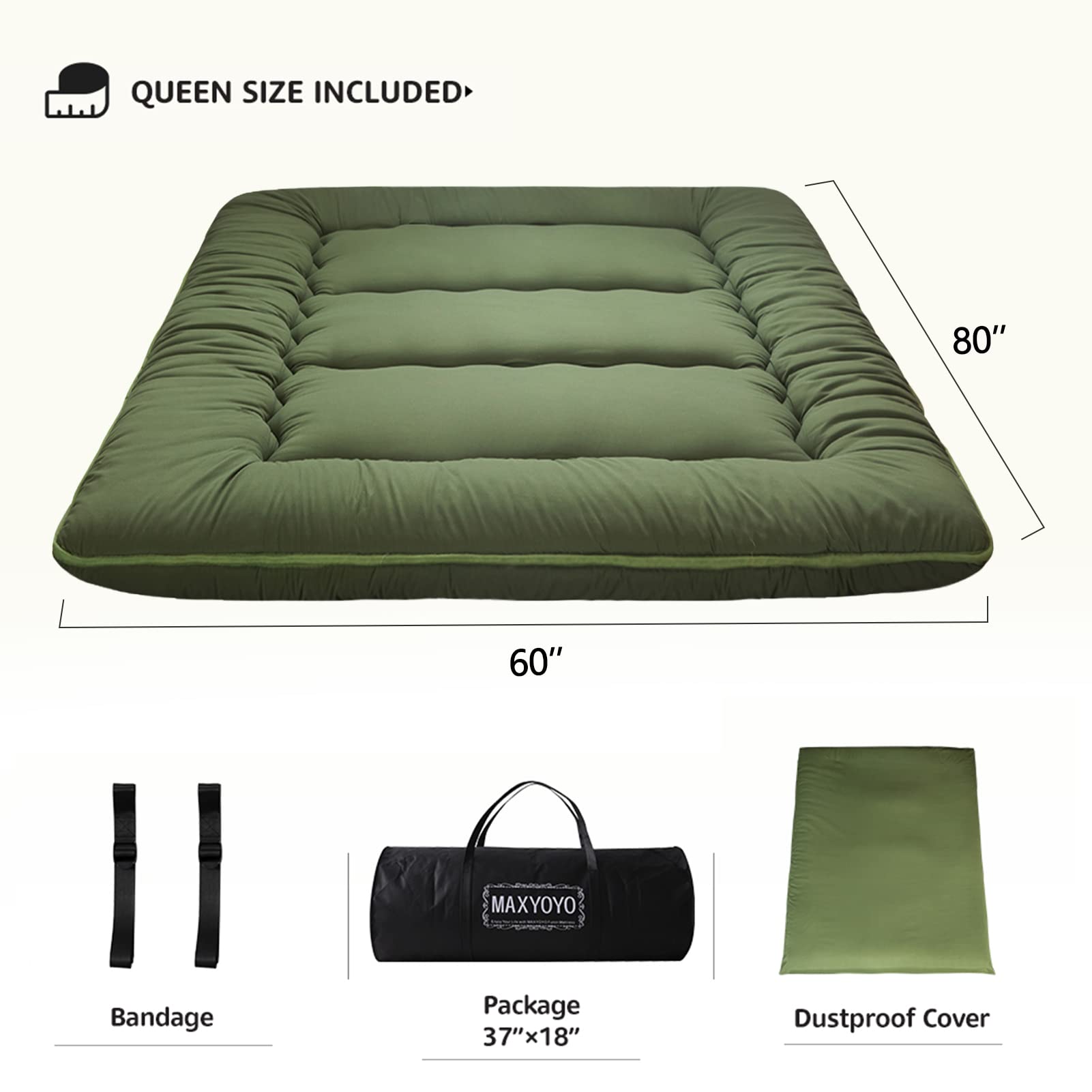 MAXYOYO Japanese Floor Futon Mattress - Portable Foldable Tatami Mattress for Guest Bed, Camping & Small Space Living | Comfortable Floor Sleeping Solution