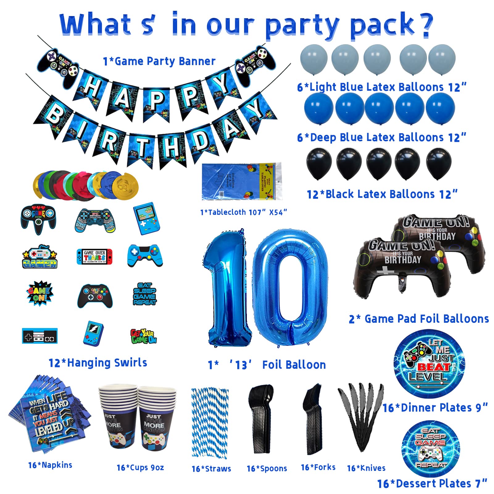 Vlipoeasn Blue 10th Birthday Party Supplies Set - Disposable Paper Plates, Napkins, Cups, Tablecloth, Hanging Swirls & Banner for 16 Guests | Video Game Themed Decorations for Boys Birthday Celebration | Perfect for Gaming Parties & Kids Birthday Events