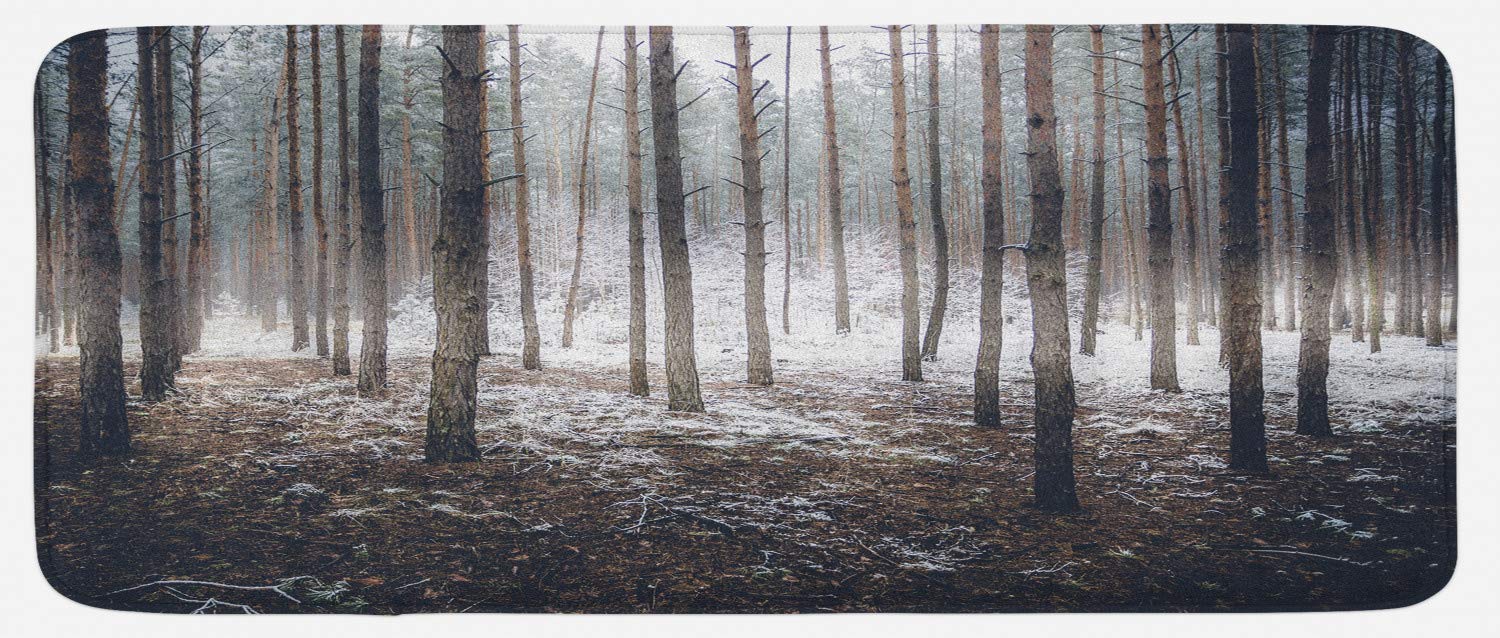 Ambesonne Winter Kitchen Rug - Dark Spooky Misty Forest with Fog & Mystic Birches Print, Non-Slip Plush Decorative Mat 47x19 Inches, Brown & White - Perfect for Cozy Cabin, Farmhouse & Holiday Kitchen Decor