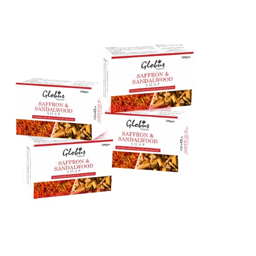 Globus Naturals Saffron & Sandalwood Soap Bar with Almond Oil and Glycerin - 100g (4 Pack) | Moisturizing Hand & Body Cleanser for Dry Skin, Spa & Aromatherapy Use