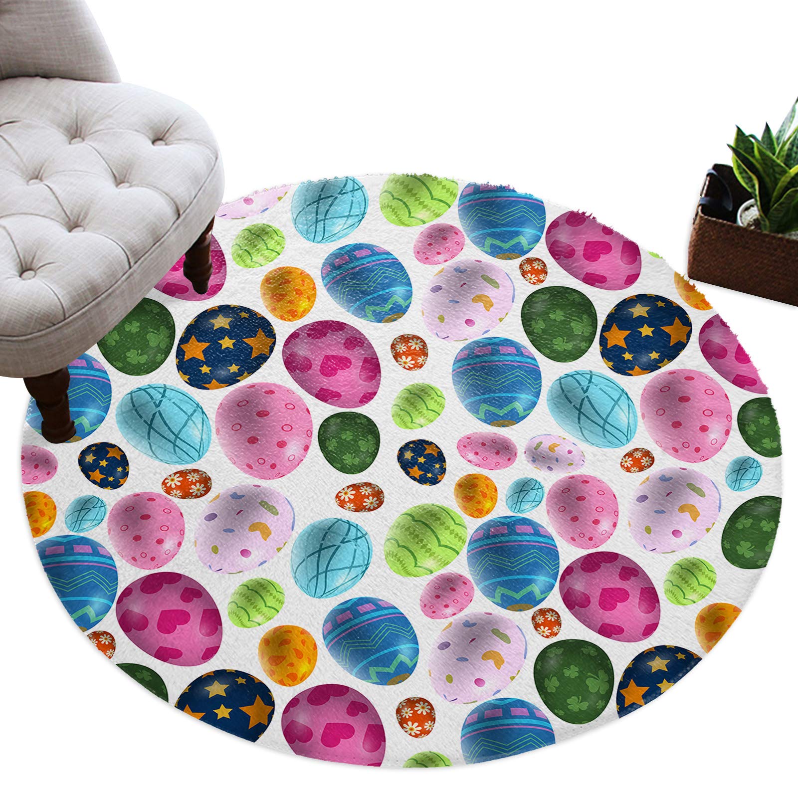 Kids Round Area Rugs - Colorful Easter Egg Design Non-Slip Soft Plush Carpet for Nursery, Bedroom & Living Room | 5ft Modern Home Decor Rug for Playrooms & Cozy Spaces