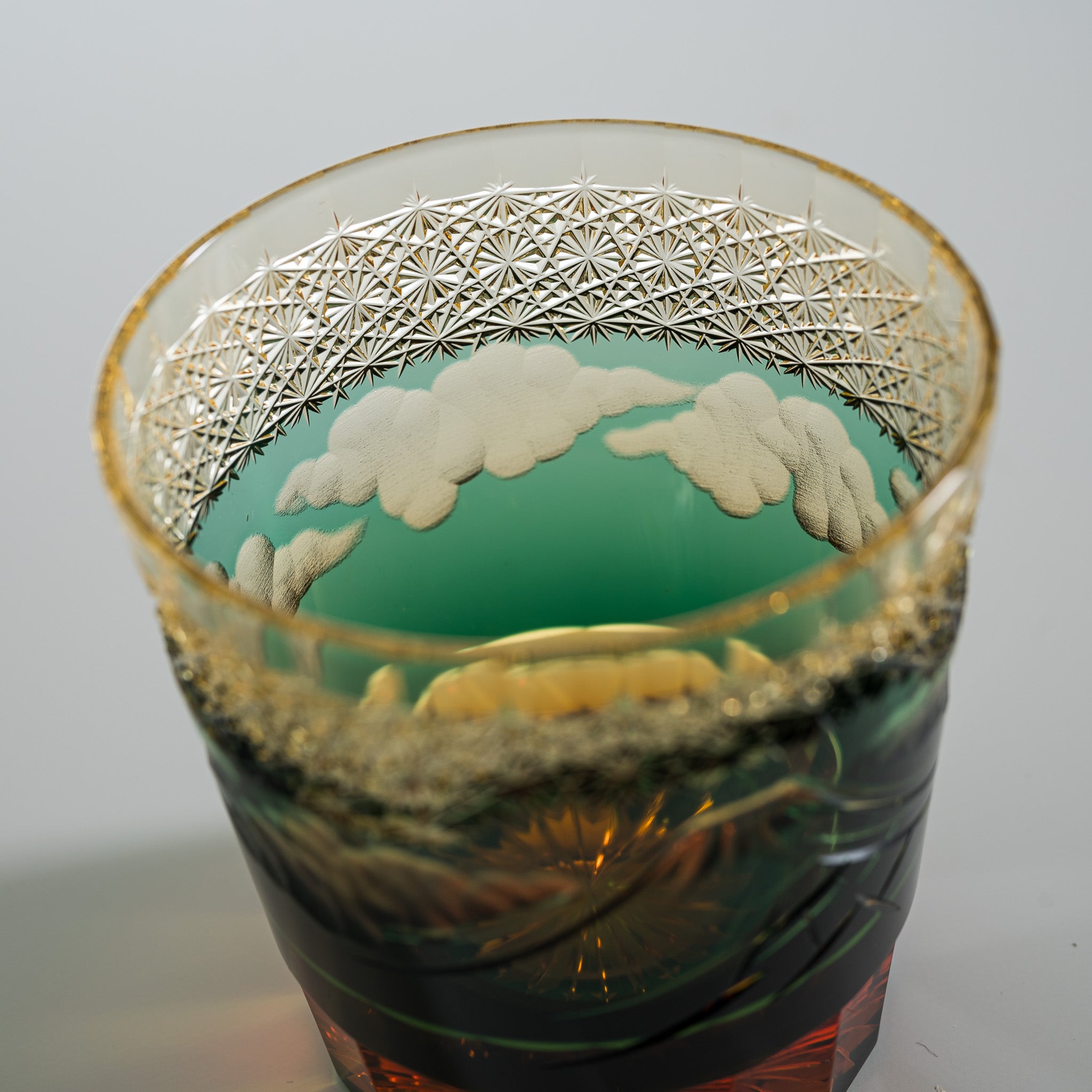 Yamada Crystal Glass Rock Glass with Mt Fuji Design - Amber Green Whiskey Tumbler for Bourbon, Scotch & Cocktails - Perfect for Home Bar, Gifts & Parties