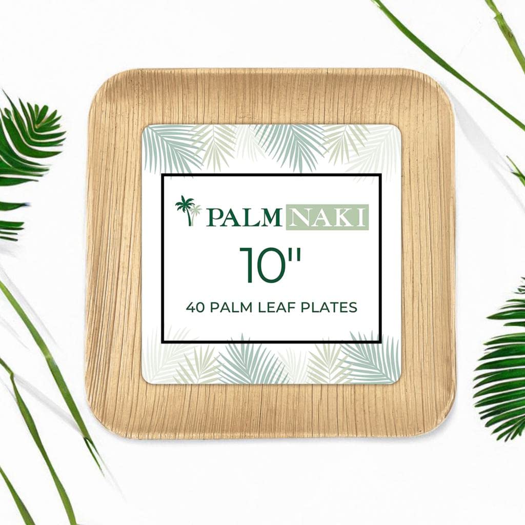 Eco-Friendly Palm Leaf Plates 10-Inch Square - 40 Pack Sustainable Compostable Tableware for Parties, Picnics & Events - Bamboo Style Decorative Disposable Plates