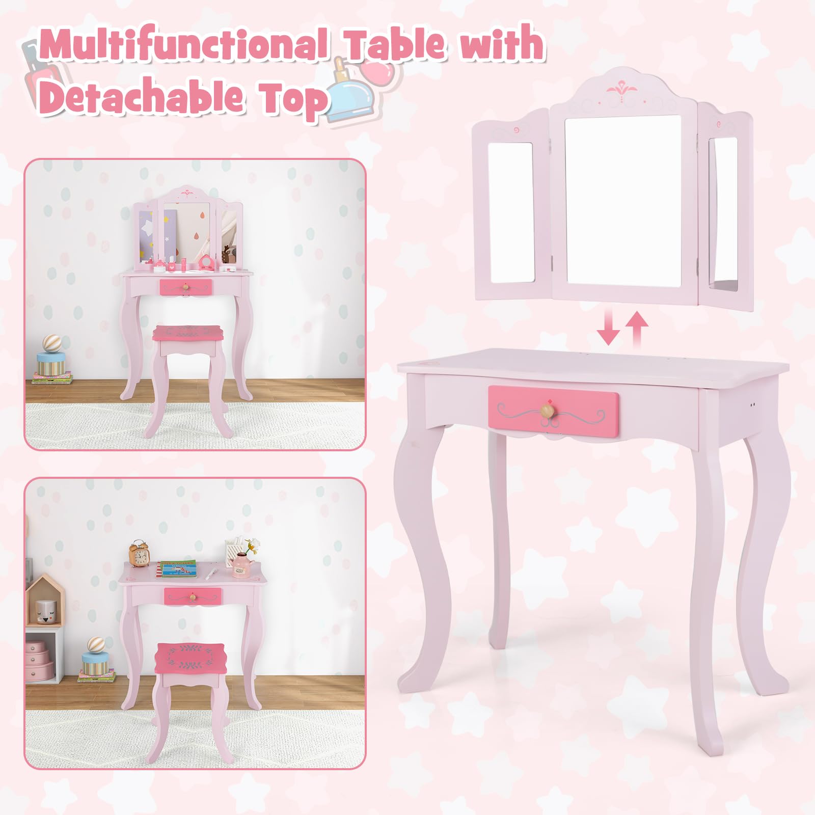 INFANS Kids Vanity Set - 2-in-1 Princess Makeup Table & Chair with Tri-Fold Mirror, 10 Accessories, Wooden Dressing Table for Girls - Perfect for Birthday Gifts, Pretend Play & Room Decor (Pink)