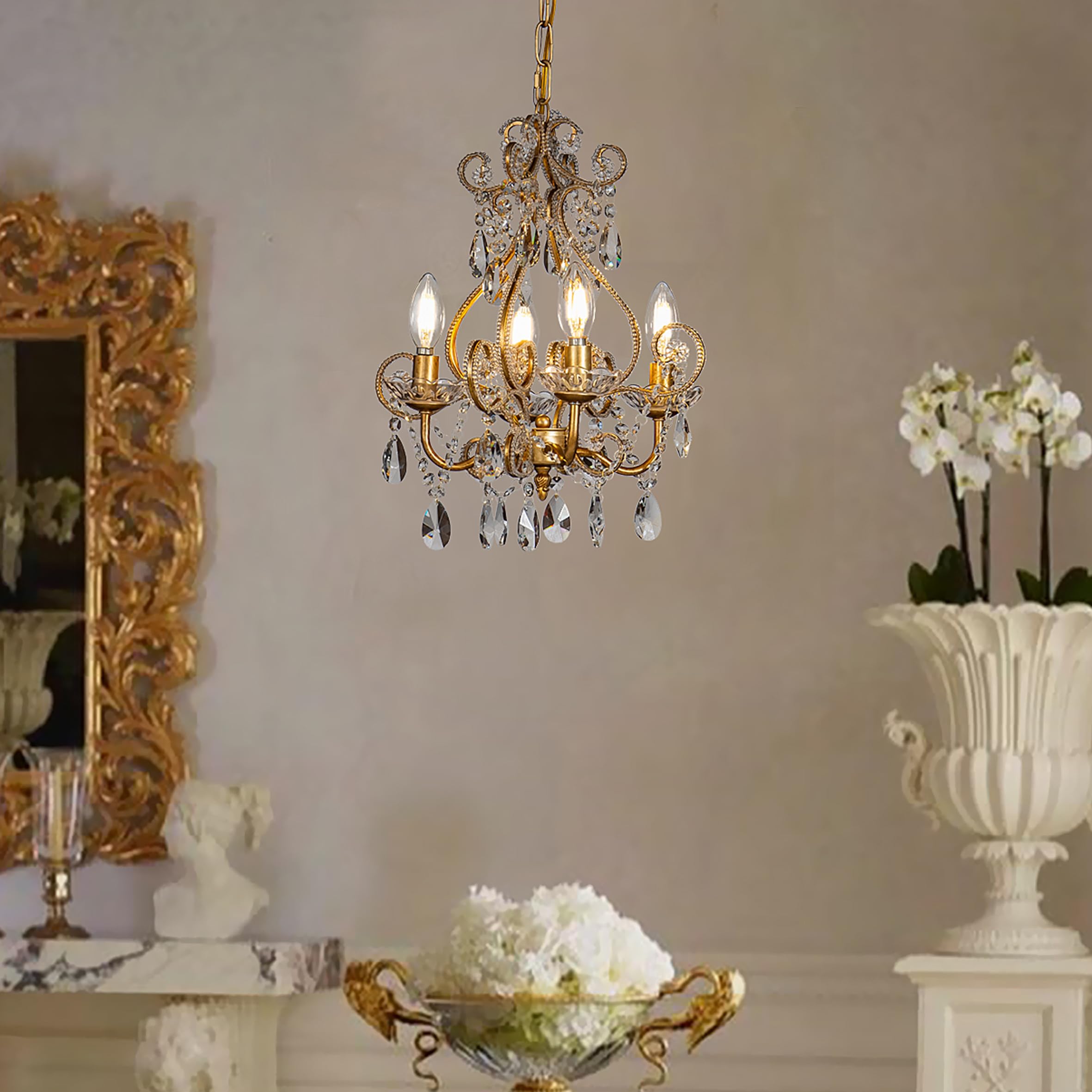 4-Light 14-Inch French Country Chandelier - Antique Gold Small Crystal Dining Room Chandelier - Vintage Swag Lamp with Crystal Teardrop Beads - Gothic Style Ceiling Light for Bedroom, Foyer & Living Room