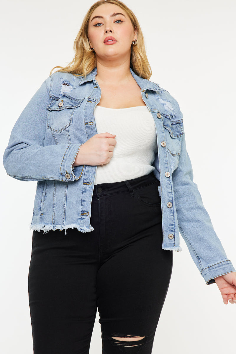 Loren Plus Size Denim Jacket for Women - Vintage Distressed Denim Trucker Jacket with Stretch Comfort - Perfect for Casual Outfits, Fall Layering & Streetwear Fashion