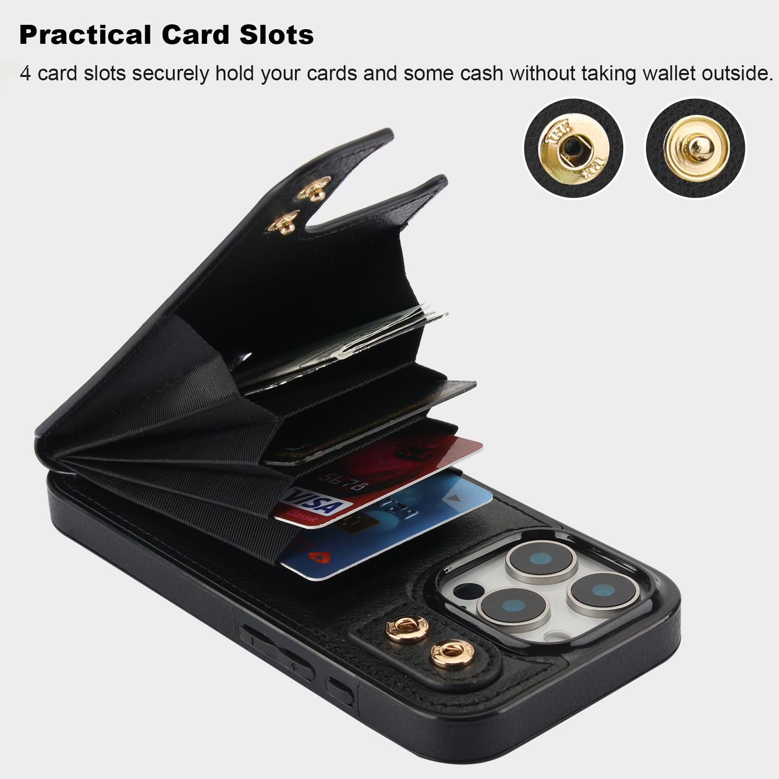 Folosu iPhone 16 Pro Case Wallet with Card Holder - 360° Rotating Finger Ring Stand & Kickstand | RFID Blocking Leather Protective Cover with Shockproof Double Buttons for 6.3